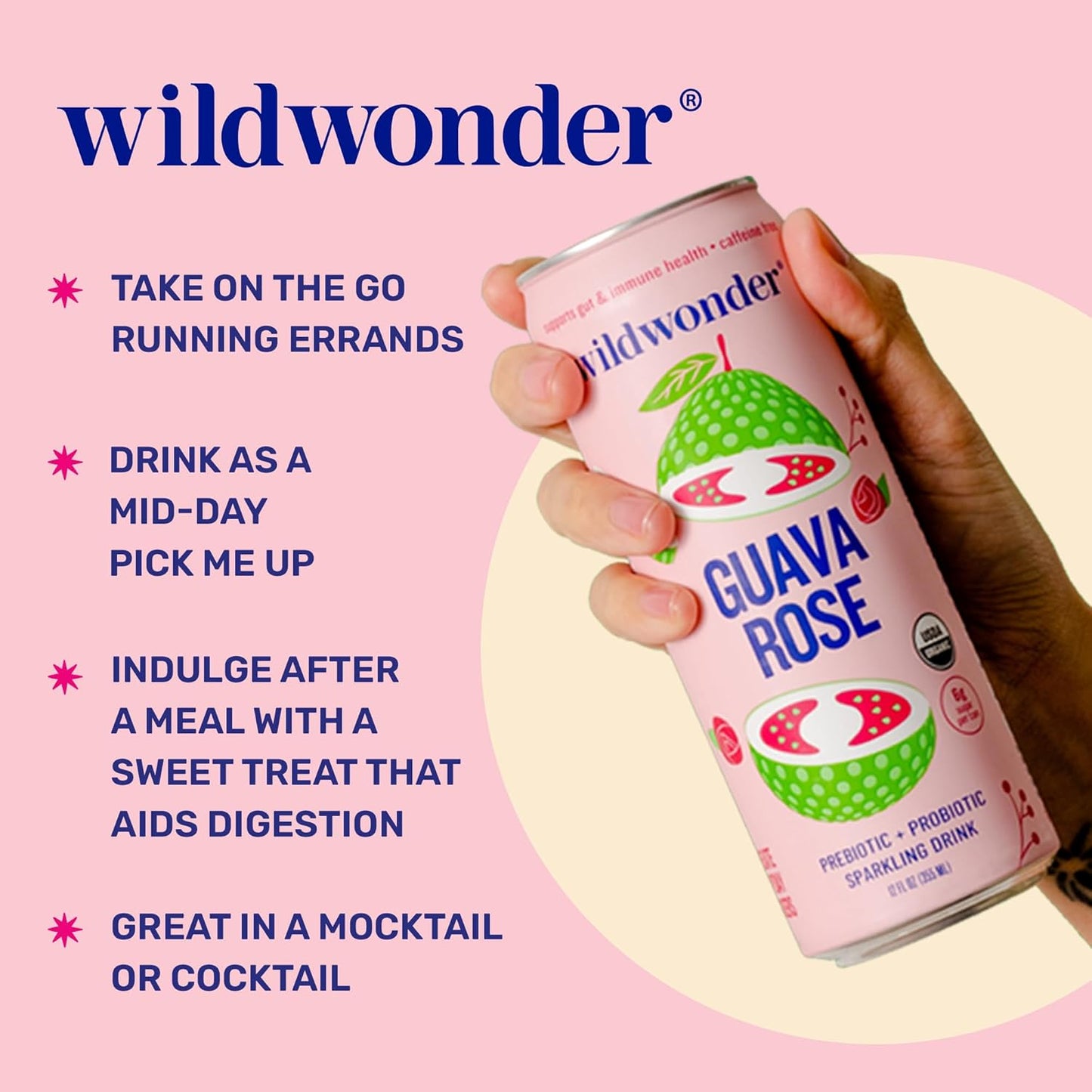 wildwonder Sparkling Probiotic Drink 12pk, For Gut Health & Immune Support, Guava Rose, 5g Prebiotic Fiber, Live Probiotics, Organic, Vegan, Low Sugar, 12 Pack, 12oz Can, As Seen on Shark Tank