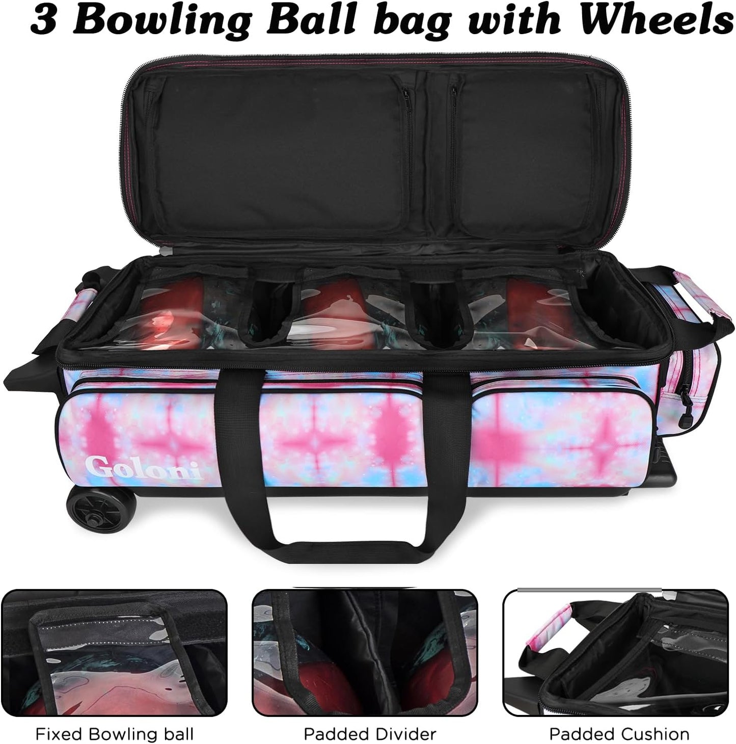 Goloni 3 Ball Bowling Bags with Wheels - Rolling Bowling Bag for 3 Balls & Accessories - Retractable Handle Extends to 38