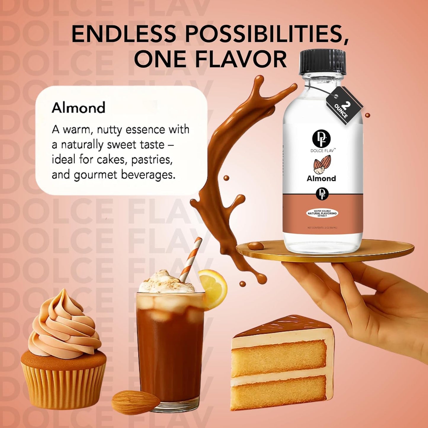 Dolce Flav Natural Almond Extract – 2 Ounce Water-Soluble Kosher, Sugar-Free, Concentrated Pure Almond Flavoring for Baking, Pastries & Beverages, Includes Measured Dropper