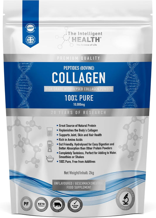 The Intelligent Health Hydrolyzed Collagen Peptides Powder, Grass Fed, High Protein, Unflavored, Gluten-Free, Paleo & Keto Friendly, 10g per Serving (2kg) Supports Skin, Hair, Nails, Joints, & Bones