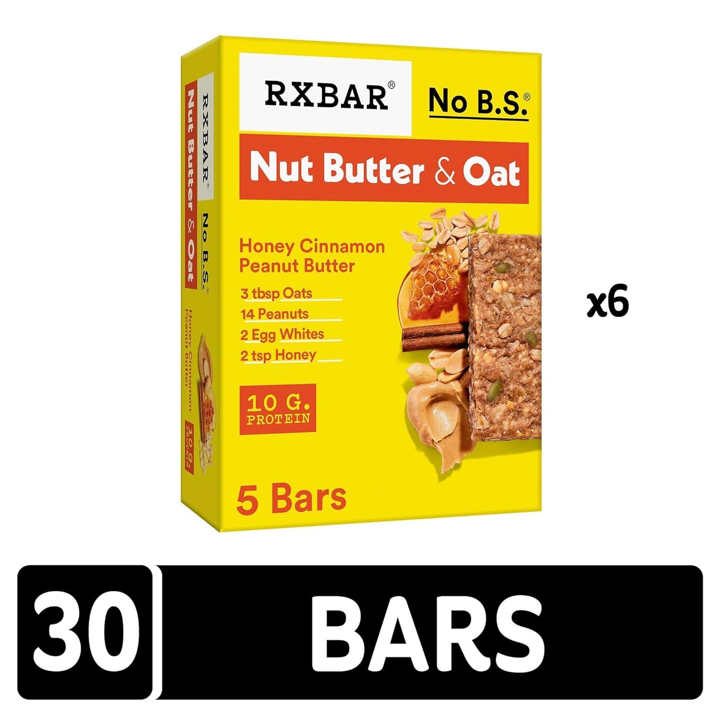 RXBAR Nut Butter and Oat Protein Bars, Protein Snacks, Snack Bars, Honey Cinnamon Peanut Butter (6 Boxes, 30 Bars)