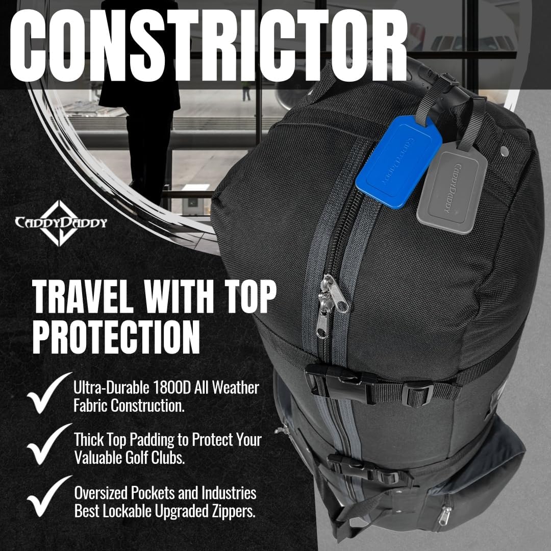 CaddyDaddy Constrictor Soft-Sided Golf Travel Bag Cover with Thick Dense Foam Padded Top 1 Year Full Travel Bag Replacement Coverage | Wheels & Lockable Zippers Case for Transporting Clubs on Airlines