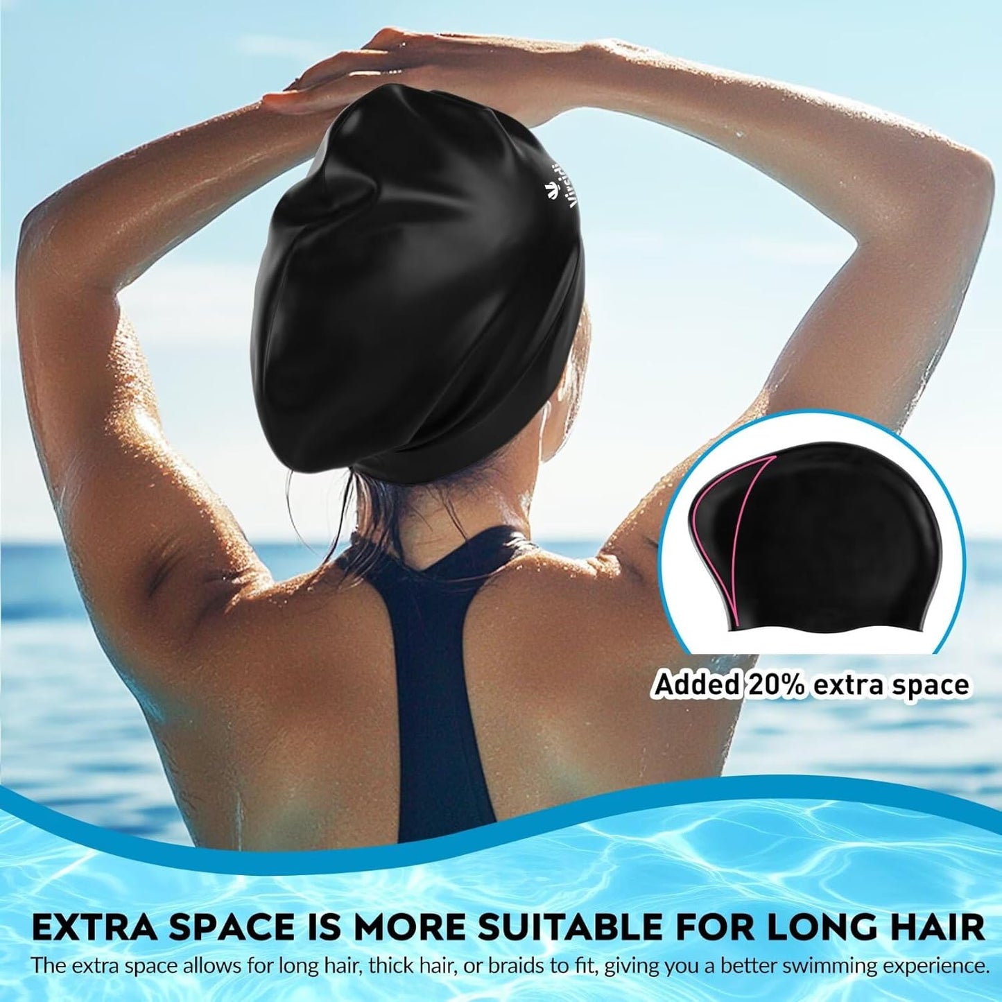 2 Pack Large Swim Caps for Long Hair, Silicone Swimming Cap for Adult Women Men, Waterproof Swim Hats Bathing Caps to Keep Hair Dry with Bonus Nose Clip and Earplugs