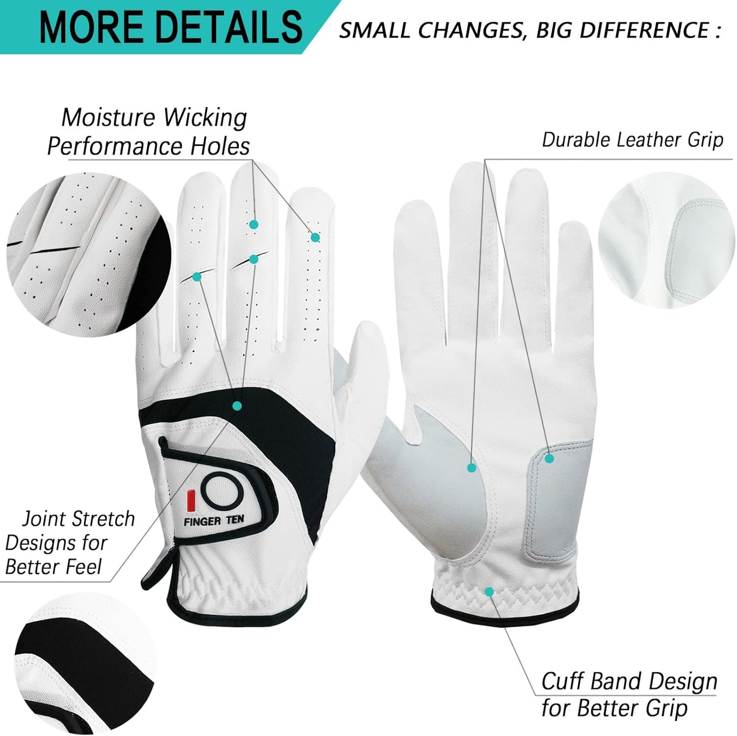 FINGER TEN Golf Gloves Men Left Hand Right Leather Value 5 Pack, Mens Golf Glove for Right Left Handed Golfer All Weather Grip Small Medium ML Large XL XXL 3XL
