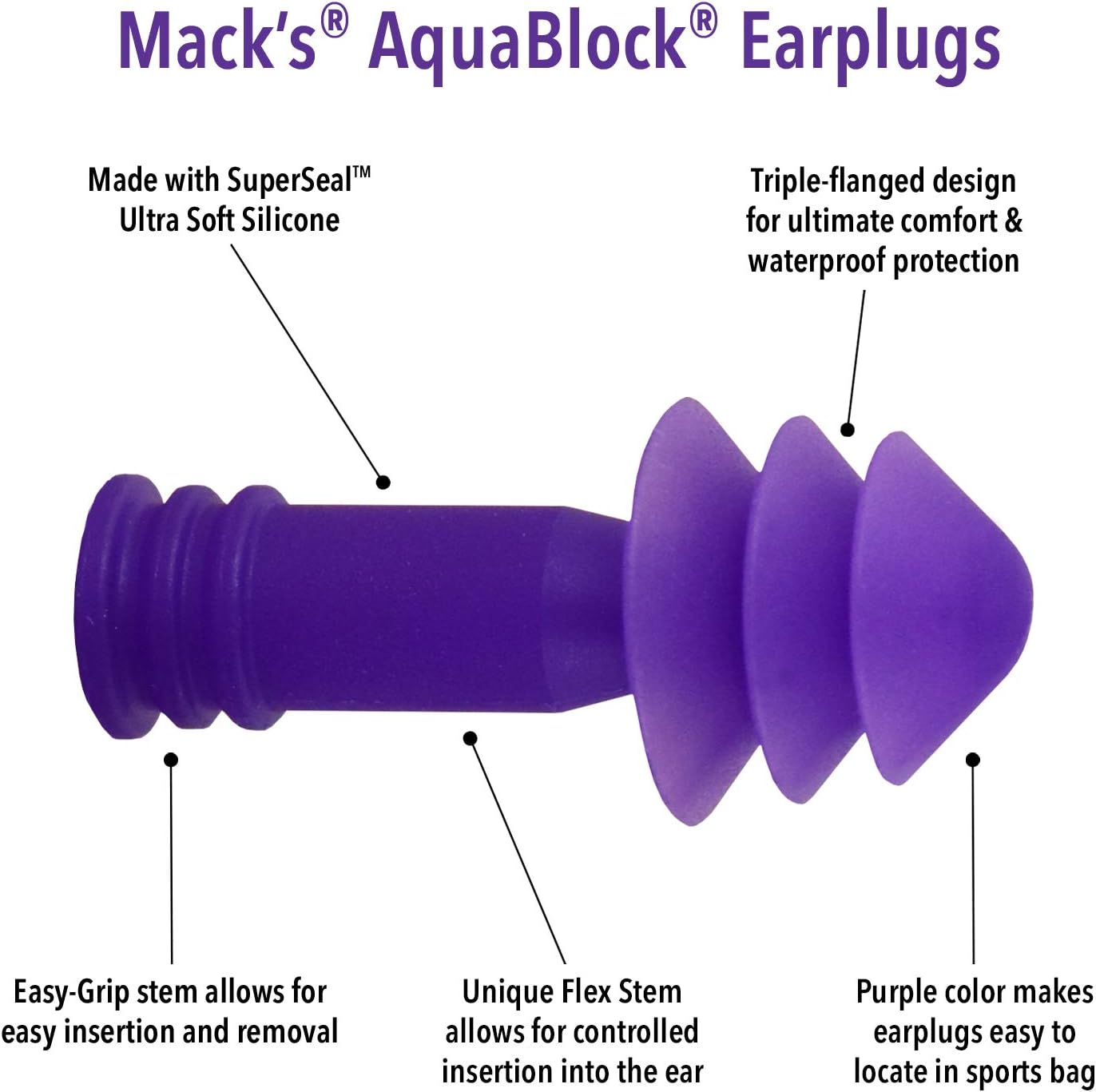 Mack's AquaBlock Swimming Earplugs, 3 Pair - Comfortable, Waterproof, Reusable Silicone Ear Plugs for Swimming, Snorkeling, Showering, Surfing and Bathing (Purple)