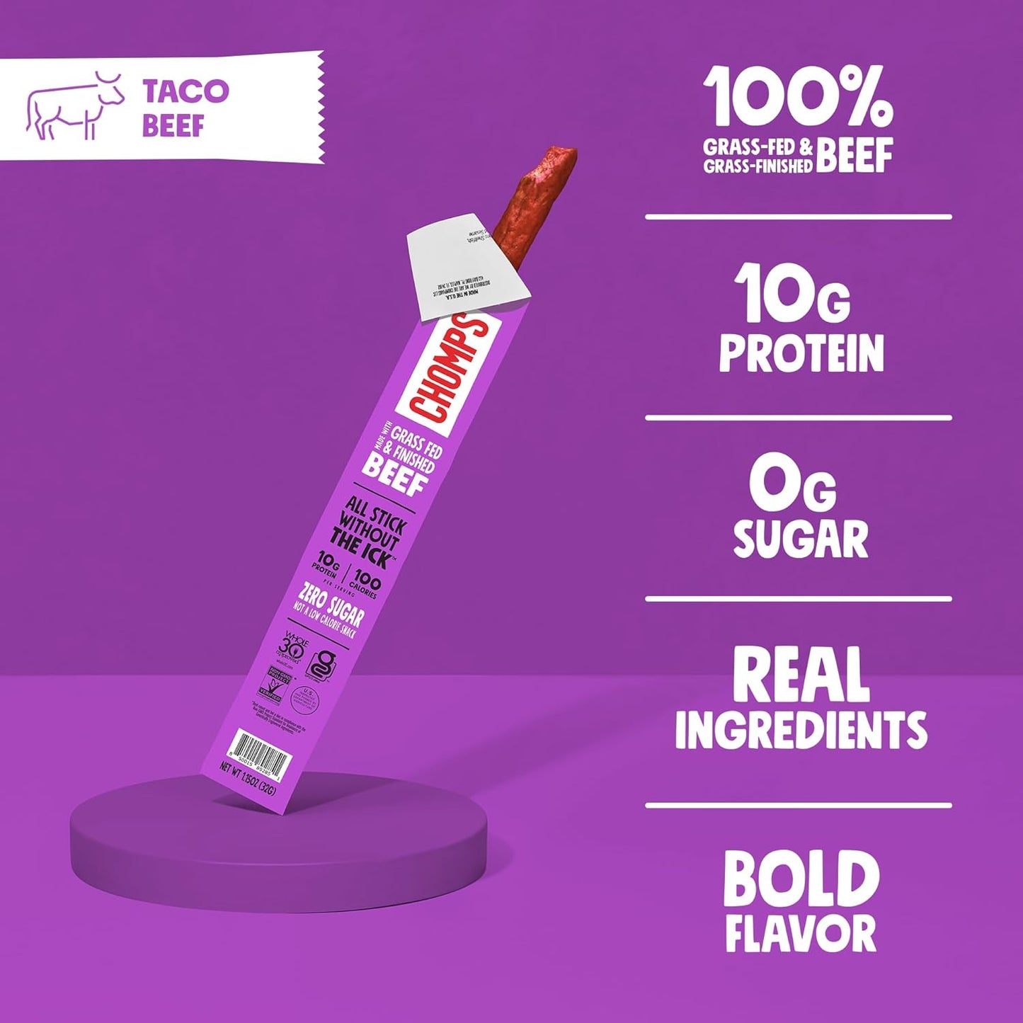 Chomps Grass-Fed and Finished Taco Beef Jerky Snack Sticks 10-Pack - Keto, Paleo, Whole30, 10g Lean Meat Protein, Gluten-Free, Zero Sugar Food, Non-GMO