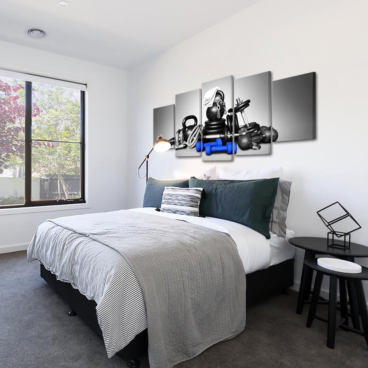 KREATIVE ARTS Large 5 Panel Wall Art Fitness Equipment Canvas Prints Black and Blue Gym Pictures for Boys Men Bedroom Artwork Painting Home Decor Sportsman Gifts Decoration