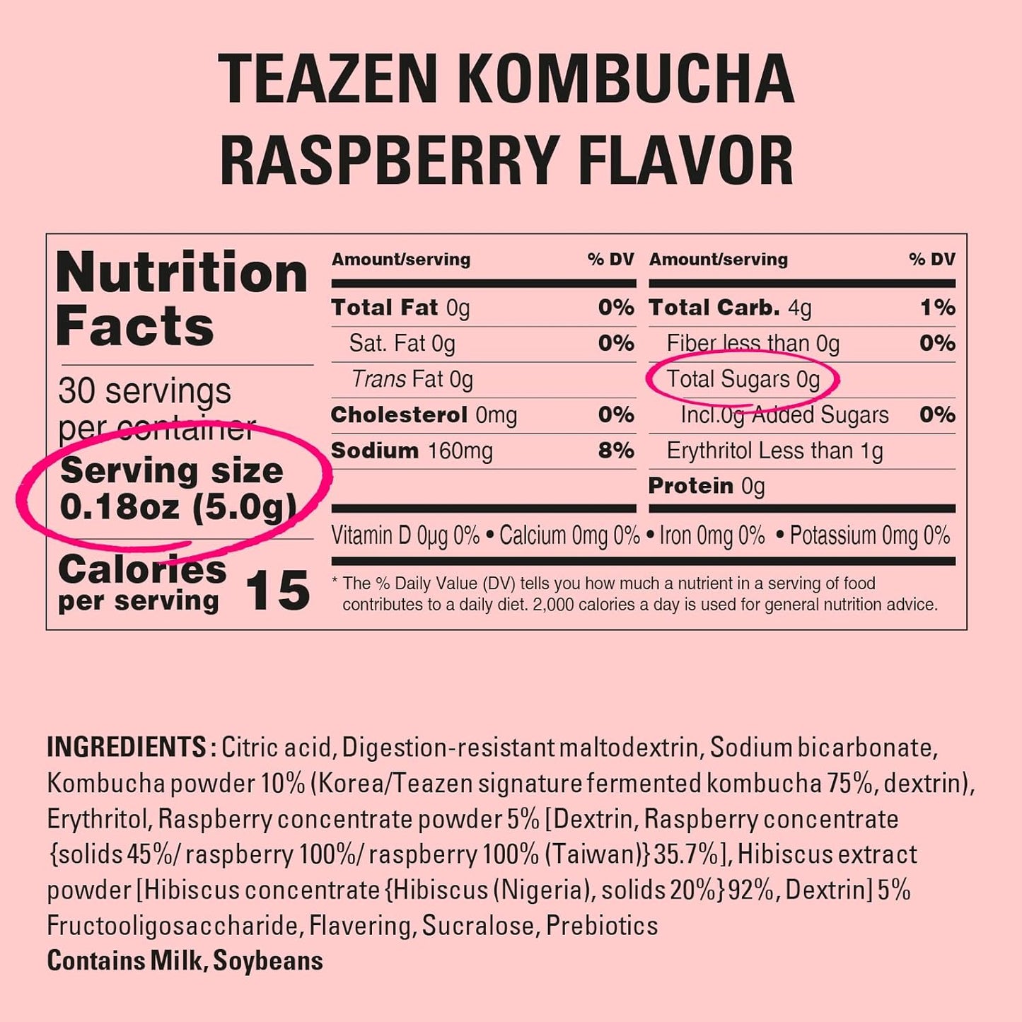 TEAZEN Raspberry Kombucha Tea, Hydration Drink Mix, Sugar Free, Live Probiotics & Prebiotics, 30 Sticks, 5.29oz