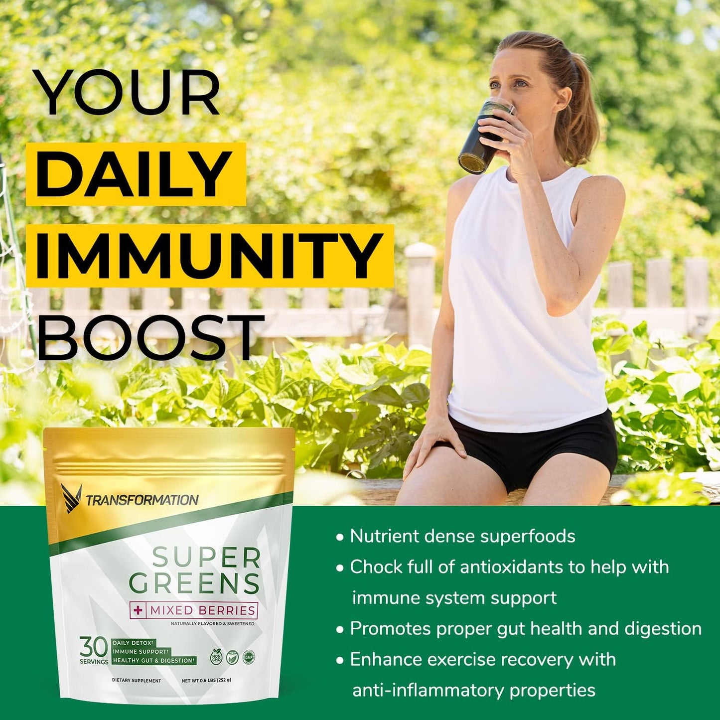 Transformation Super Greens Superfood Green Juice Powder - Immune & Energy Support | Natural Ingredients | Detoxifying & Alkalizing Minerals - Spirulina, Chlorella, Wheatgrass, Spinach, Alfalfa