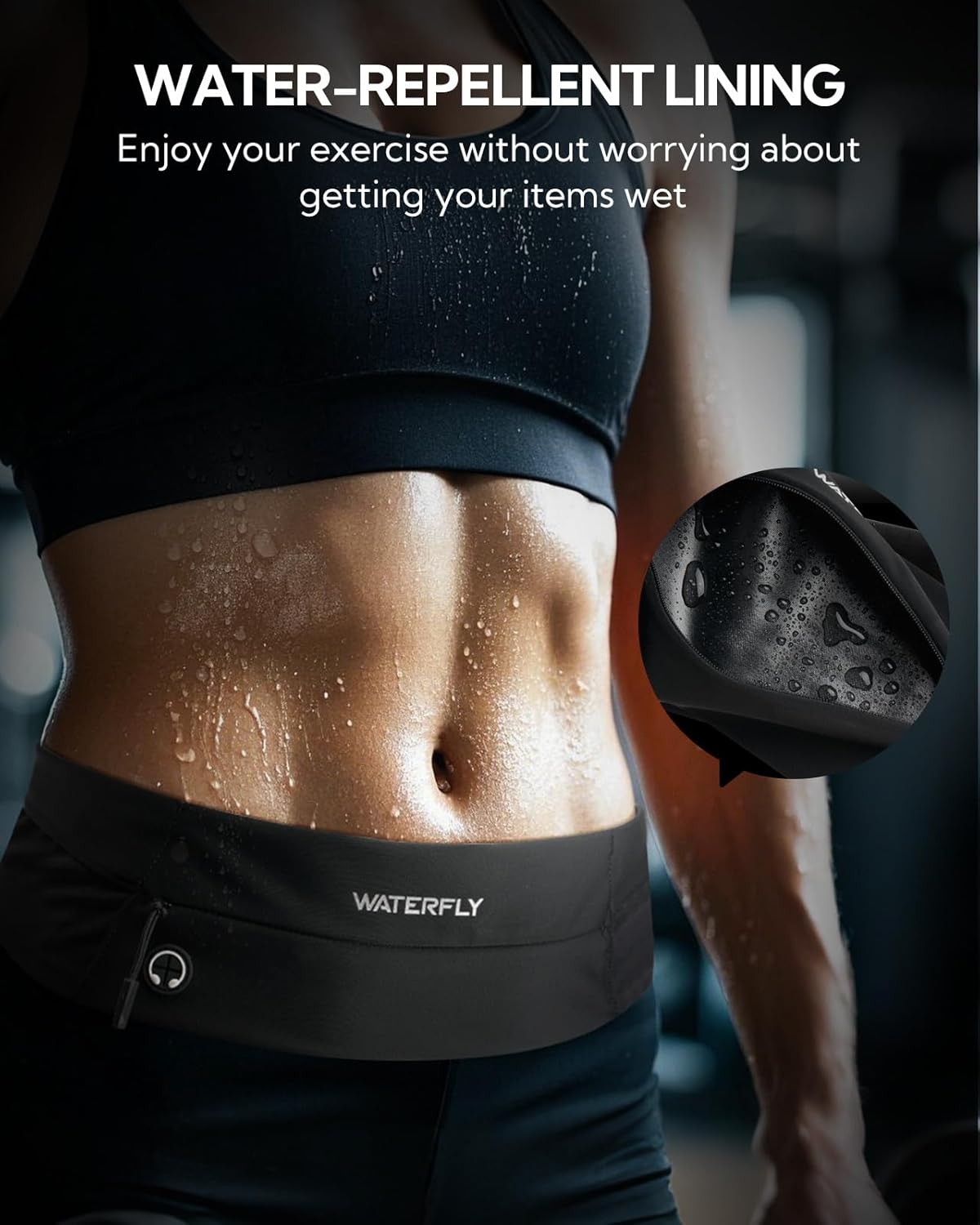 WATERFLY Running Belt Fanny Pack: Slim Waist Bag for Men Women, Workout Fitness Phone Holder for Exercise Marathon Jogging-Black