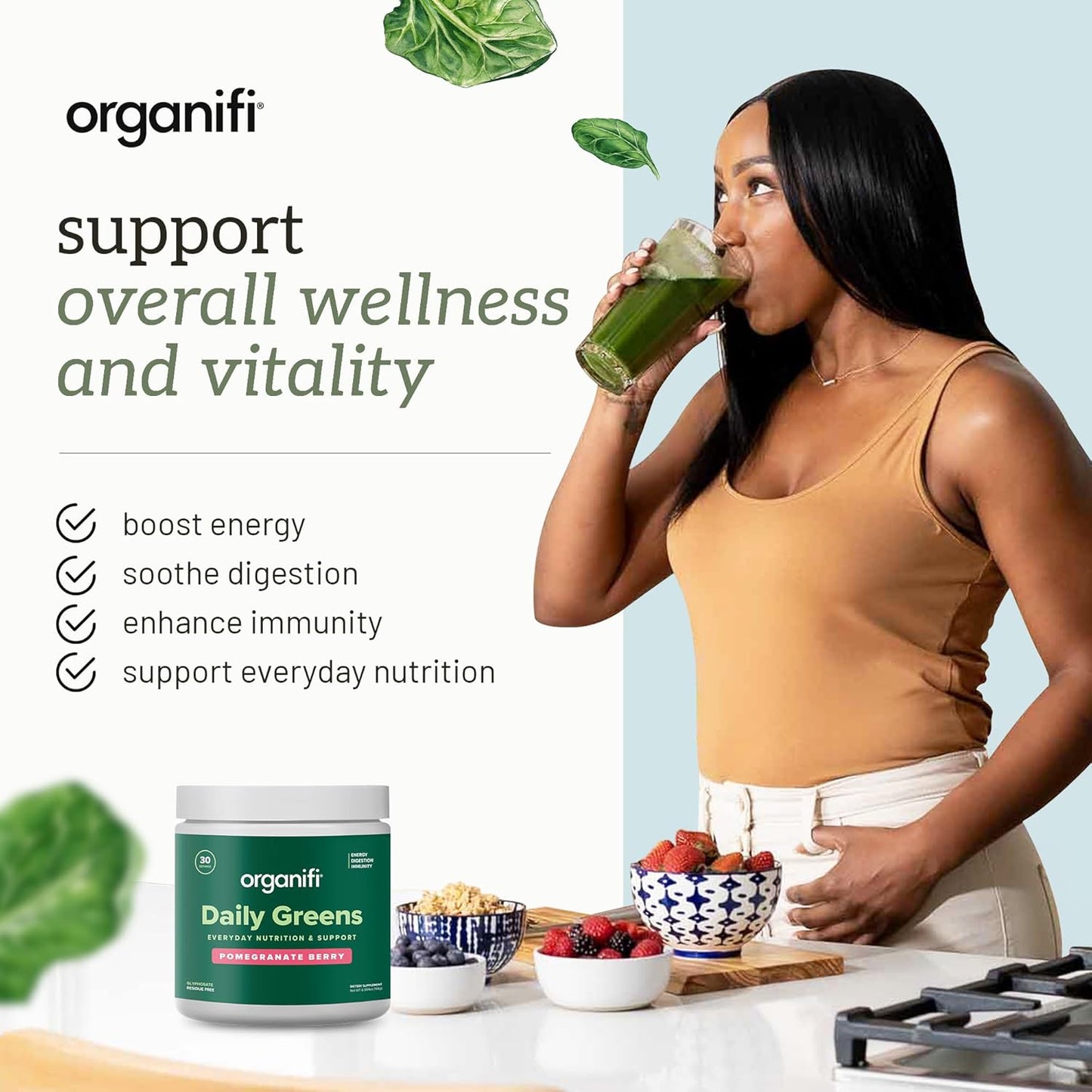 Organifi Daily Greens - Everyday Nutrition and Support - Greens Powder for Energy, Digestion, and Immunity, 30 Servings