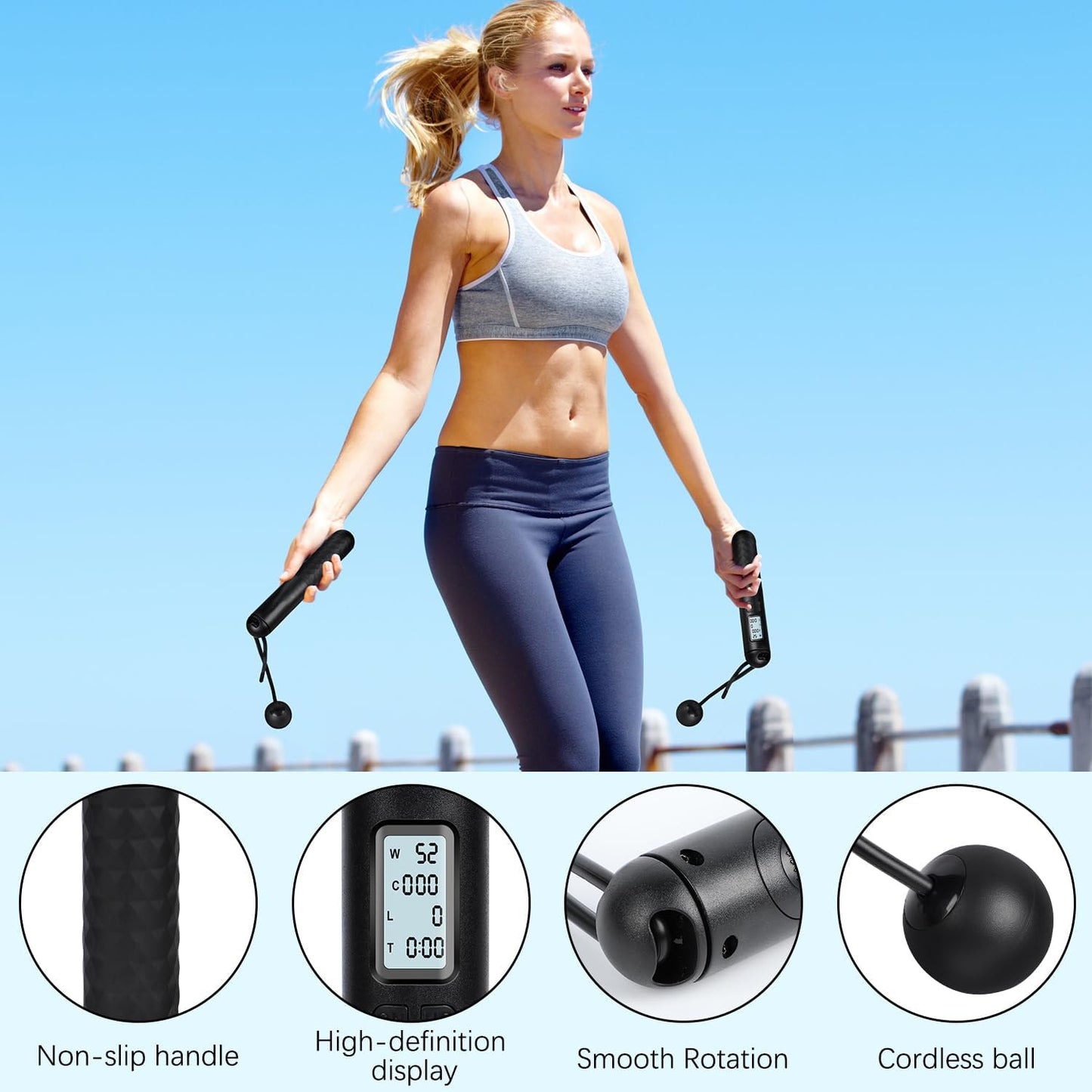 Skipping Rope with Counter, Cordless Jump Rope, Intelligent Timed Weighted Jump Rope, Adjustable Digital Counting Jumps Ropes for Lose Weight, Burn Calories