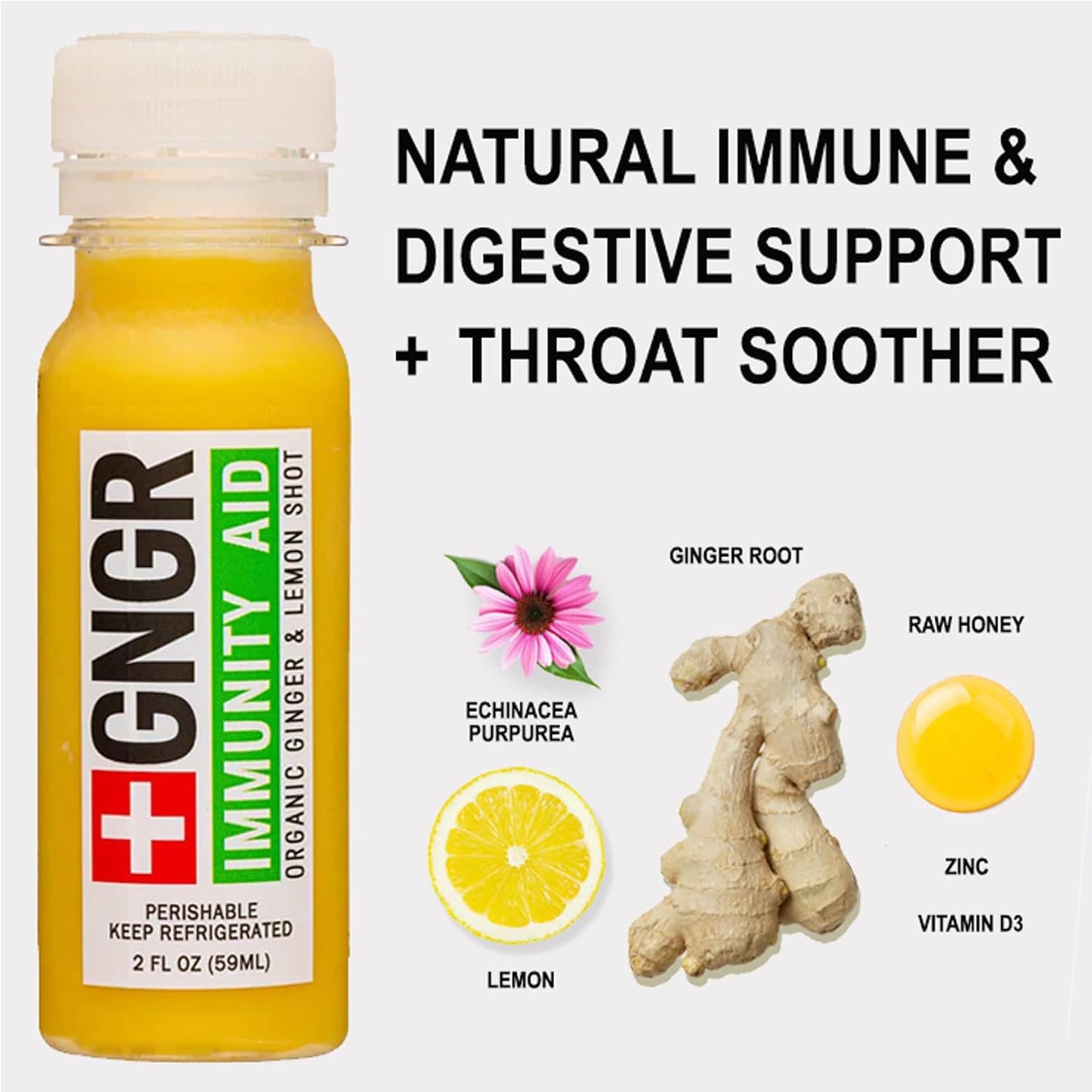 +GNGR Immunity Aid Organic Ginger and Lemon Shot - Cold Pressed Ginger Shots with Echinacea, Lemon Juice, Honey, Zinc & Vitamin D3, Immune & Digestive Support (2 Oz, Pack of 12)