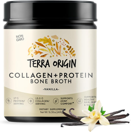TERRA ORIGIN Collagen Peptides Powder | Bone Broth Hydrolized Collagen Type I and III Protein Supplement | for Women and Men Hair, Skin, Nail and Joint Support | Vanilla (20 Servings)