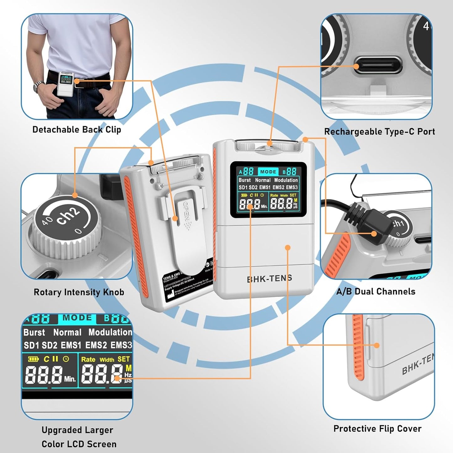 Digital TENS Unit with 8 Electrodes Pads, EMS TENS Unit Muscle Stimulator for Back Pain Relief, Upgraded Color LCD TENS Machine, Rechargeable Tens Massager for Neck Pain Relief, Sciatica Pain Relief