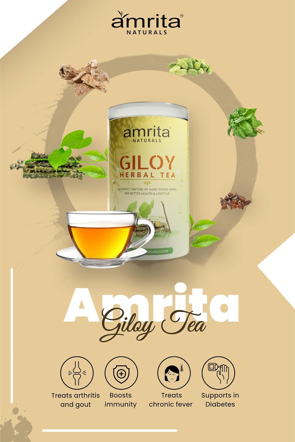 Amrita Naturals Giloy Guduchi Instant Herbal Tea – 1.10 lb (500g) | Natural Tinospora Cordifolia Blend | Caffeine-Free & Vegan | Refreshing Daily Drink | No Artificial Colors or Flavors