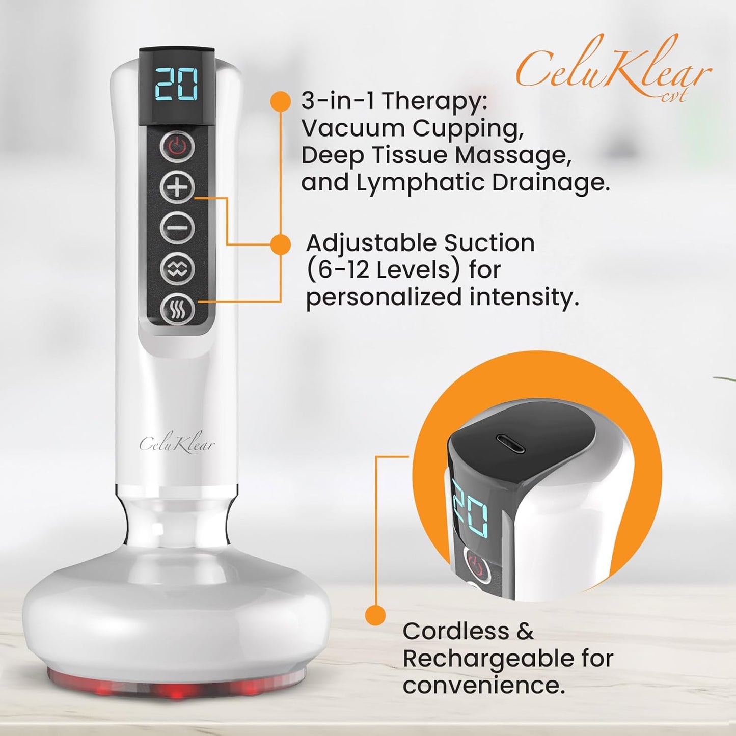 CeluKlear Electric Cupping Therapy Massager CVT 3-in-1 - Vacuum Cupping Therapy Machine for Cellulite, Deep Tissue Massage & Lymphatic Drainage – Adjustable Suction Helps Circulation & Skin