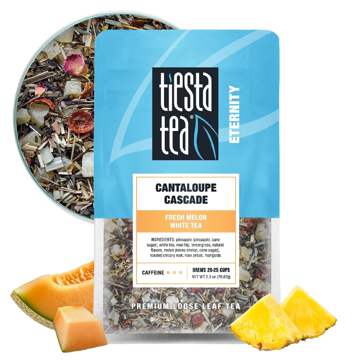 Tiesta Tea - Cantaloupe Cascade Tea, Loose Leaf, Fresh Melon White Tea, Premium Low Caffeine Tea Blend, Make Hot or Iced & Up to 25 Cups, 2.5 oz Resealable Pouch