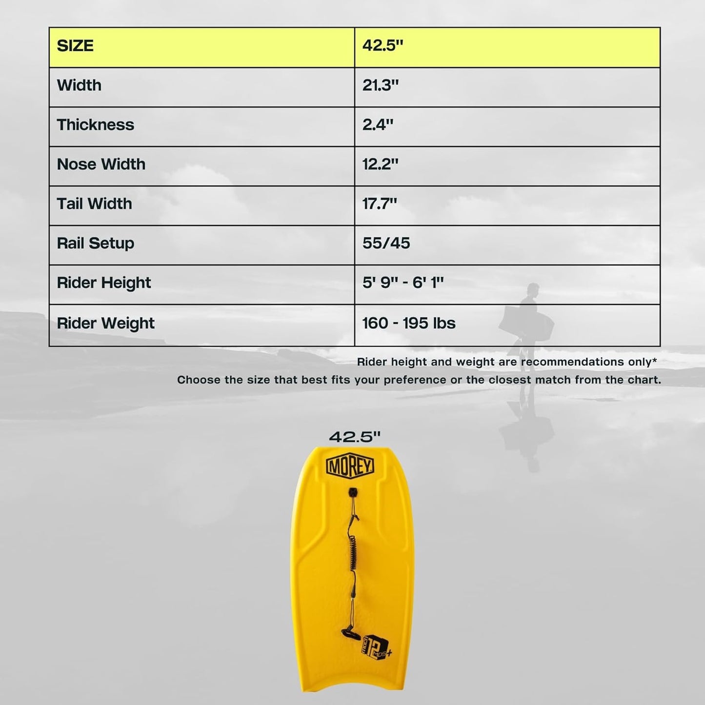 MOREY® Mach 12 MDS, 42.5" Bodyboard. Dynamic Speed Body Boards for Beach, for All Skill Levels, Embedded Fiberglass Stringer, with Coil Leash. Re-Engineered 2025 Model