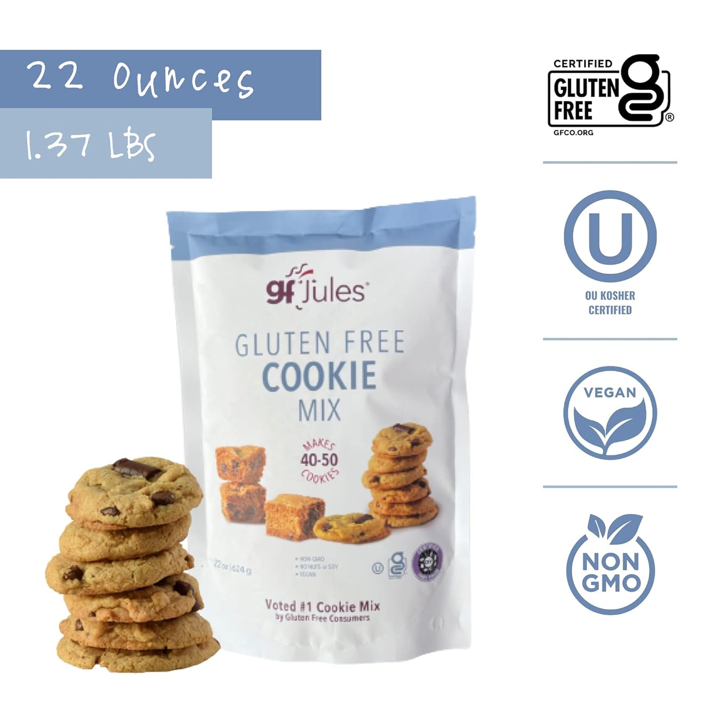 gfJules Certified Gluten Free Cookie Baking Mix | Tollhouse Style | Bars or Cookies | No Grit, Non-GMO, Vegan | Certified Top 9 Allergen-Free & Kosher | Makes 40-50 Cookies | 22 Ounces, Pack of 12