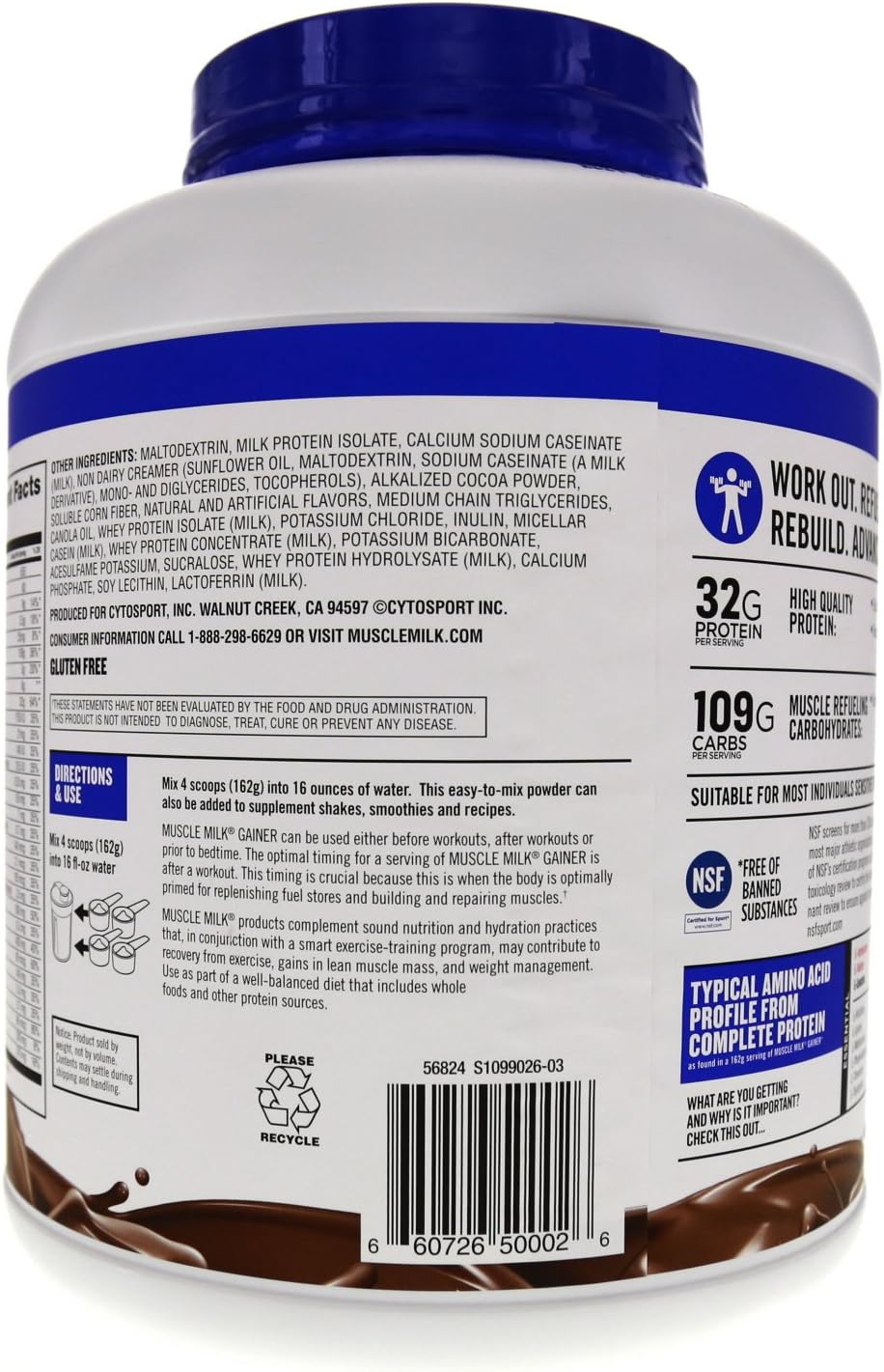 Muscle Milk Gainer Protein Powder, Chocolate, 32g Protein, 5 Pound