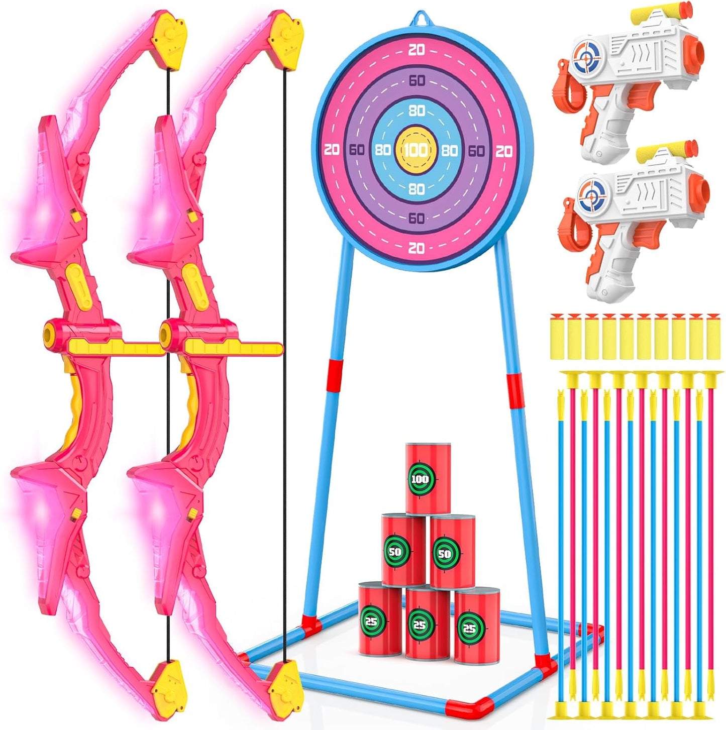 2 Pack Kids Bow and Arrow Set, Pink Light Up Archery Toy Set, 2 Foam Dart Blaster & 6 Target Cans Toys for Ages 5-7, Kids Indoor Outdoor Birthday Gifts Ideas for Boys Girls 4 5 6 7 8 9 10 Year Old