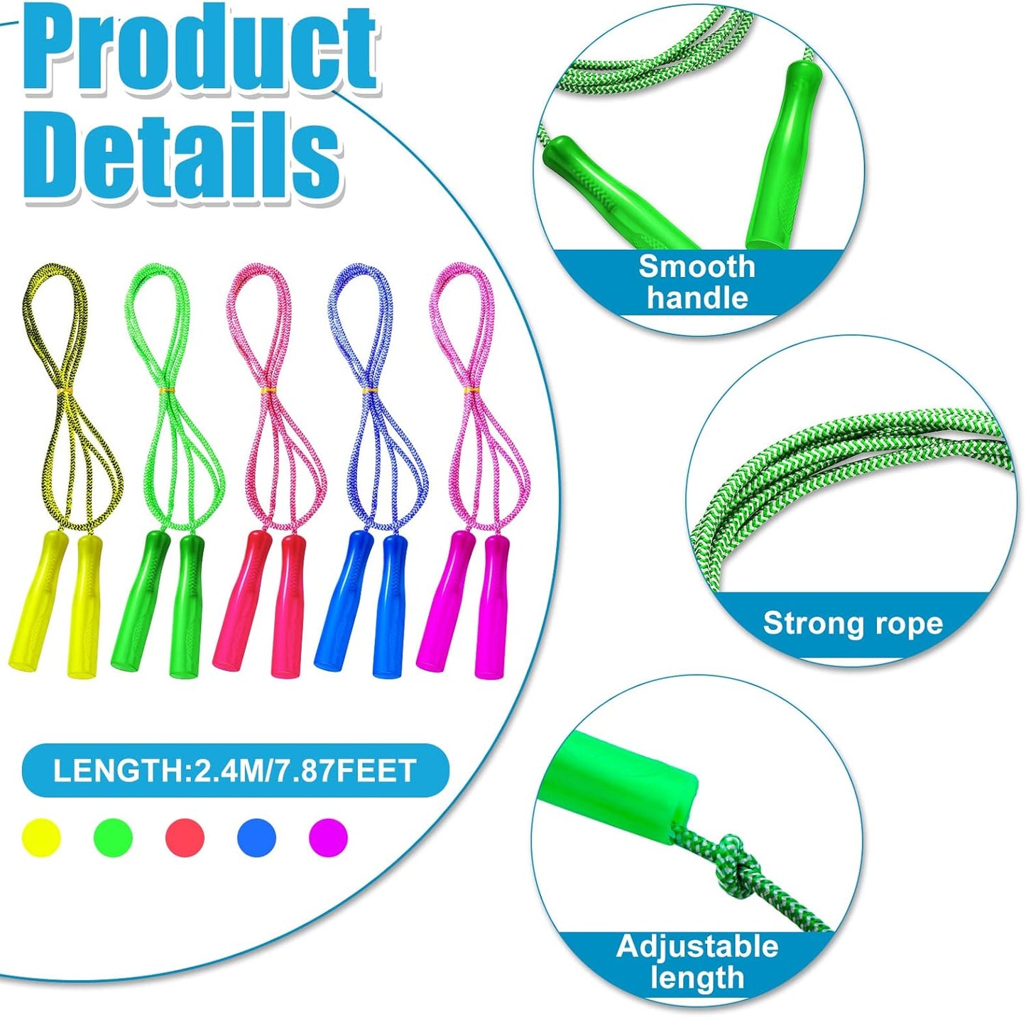 Honoson 50 Pcs Rainbow Jump Rope Bulk Gift for Kids 7.8ft Nylon Stripe Ropes with Handle Adjustable Colorful Party Favor Christmas Item Gift Outdoor Exercise Fitness (Multicolor)