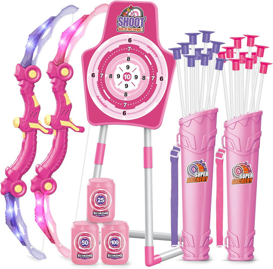 SpringFlower 2 Bow and Arrow Sets with LED Light-up,2 Foam Dart Guns for Kids 5 6 7 8 9 10+ Years Old, Archery Set with Standing Target for Boys & Girl, Ideal Gift