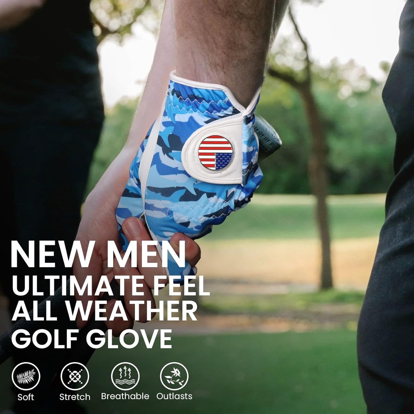 FINGER TEN Golf Gloves Men Left Hand Right with Ball Marker USA Flag Blue Camo Plaid Pack, Mens Leather Golf Glove All Weather Grip Small Medium ML Large XL