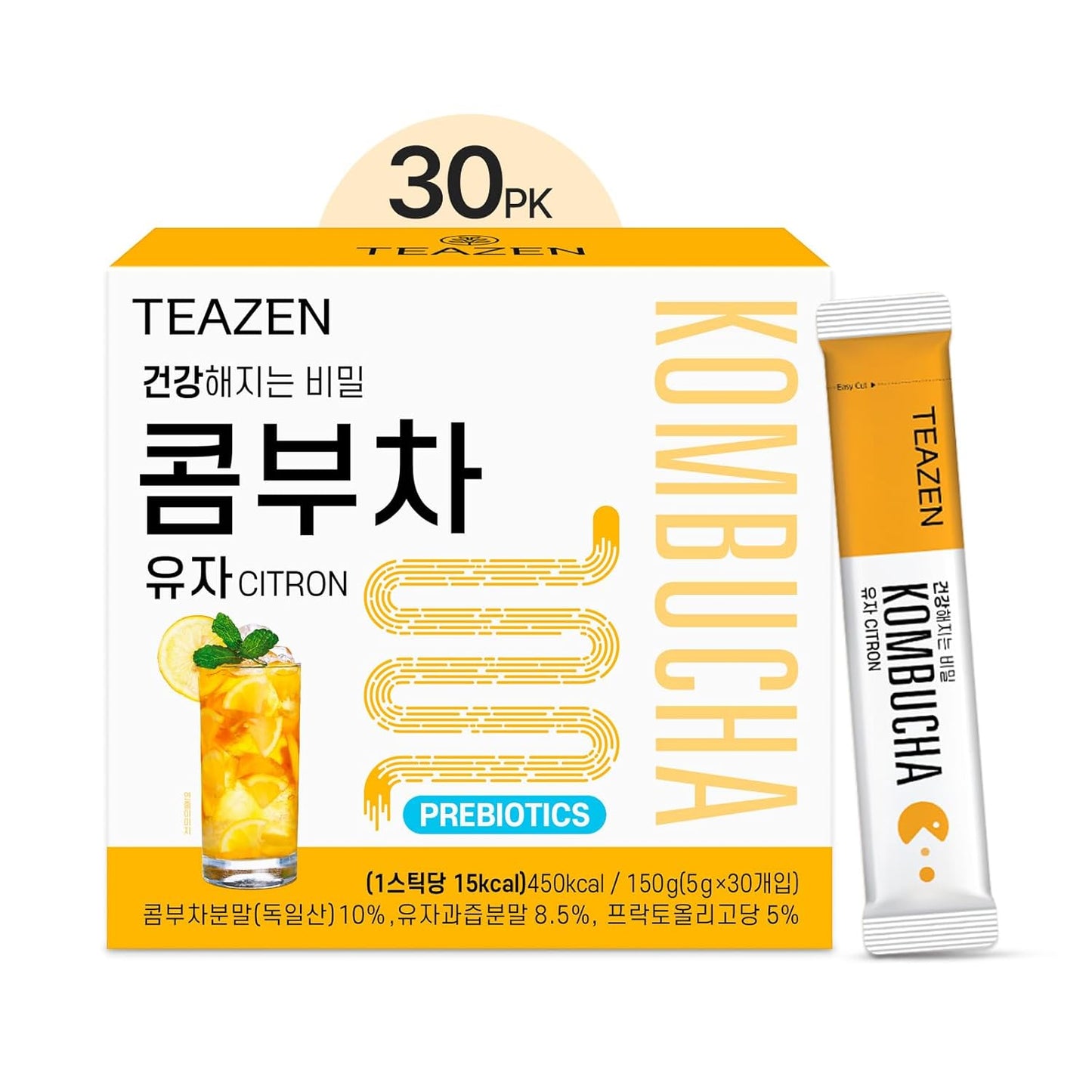 TEAZEN Citron Kombucha Tea, Hydration Drink Mix, Sugar Free, Live Probiotics & Prebiotics, 30 Sticks, 5.29oz