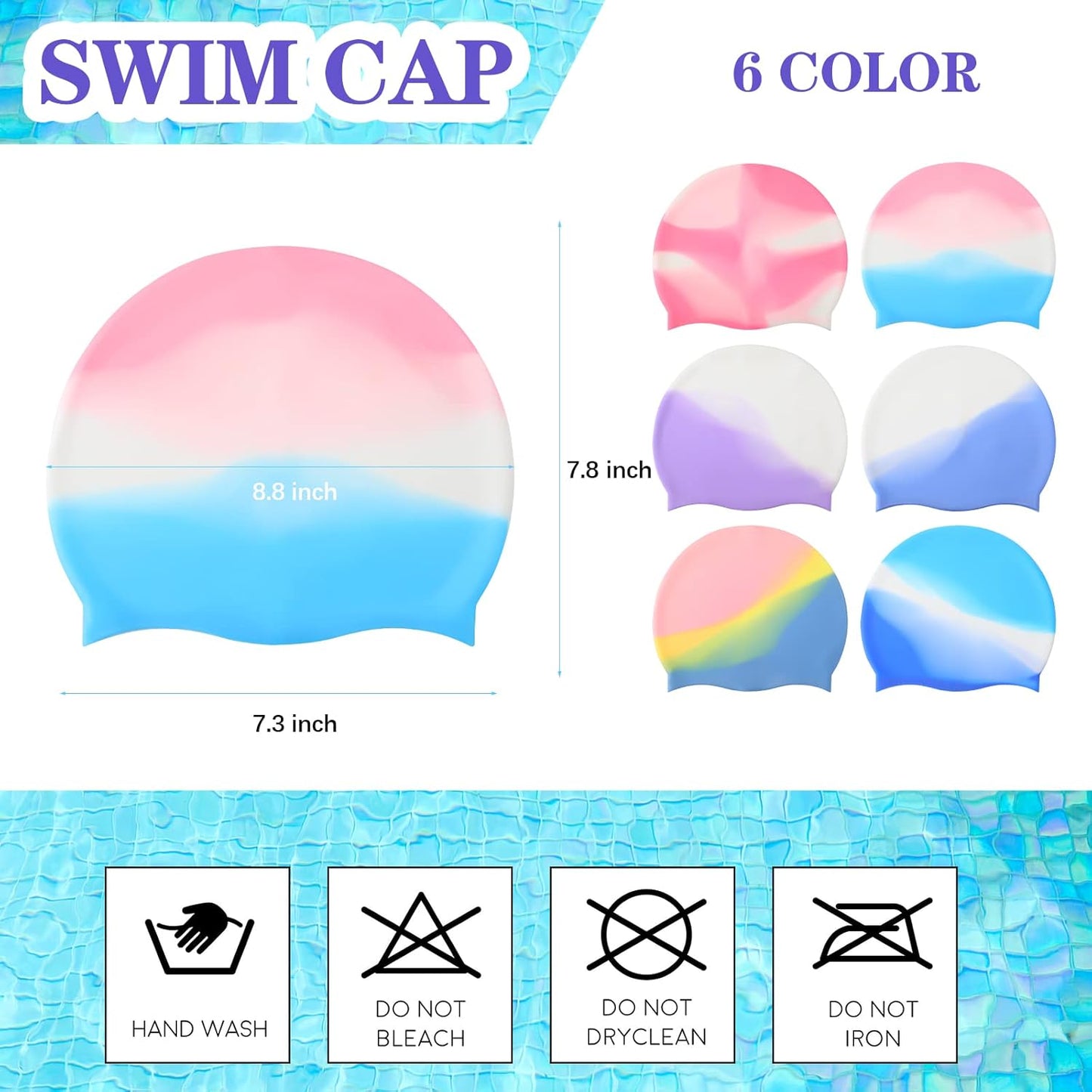 Syhood 6 Pieces Unisex Adult Silicone Swim Cap Waterproof Swimming Hat Non Slip Pool Hat Elastic Silicone Cap for Long and Short Hair