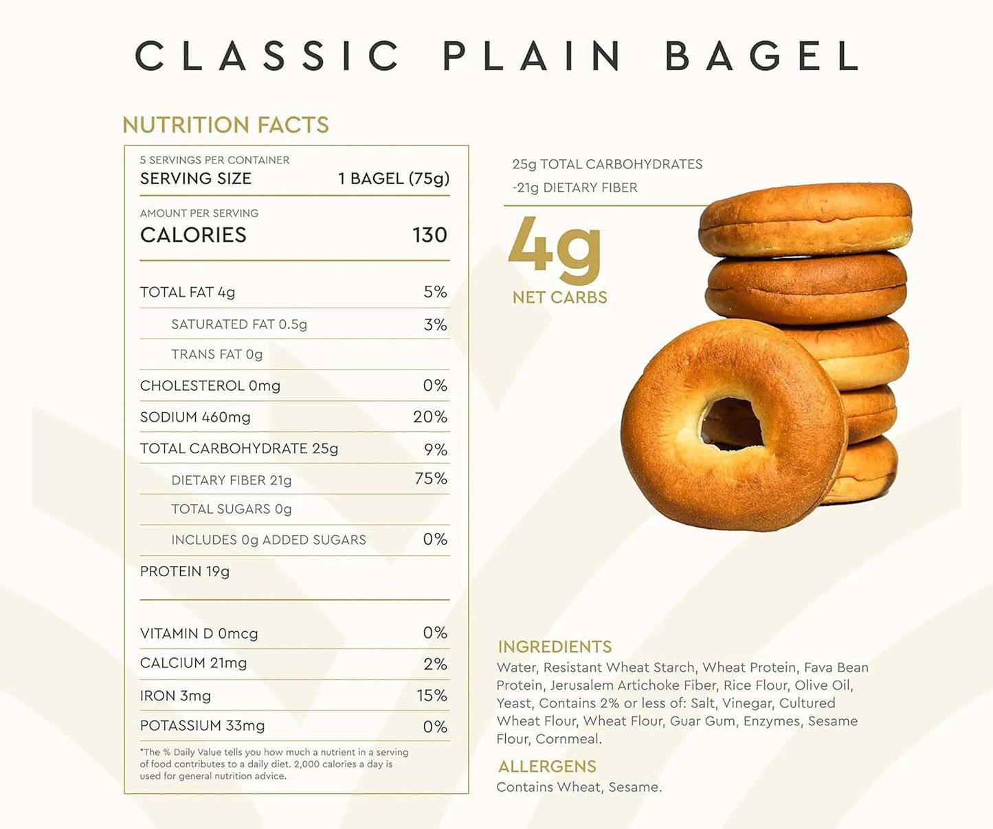 Hero Classic Plain Bagel - 4g Net Carbs, 19g Protein, High Fiber, 130 Calories per serving (20 bagels, 4 packs of 5)