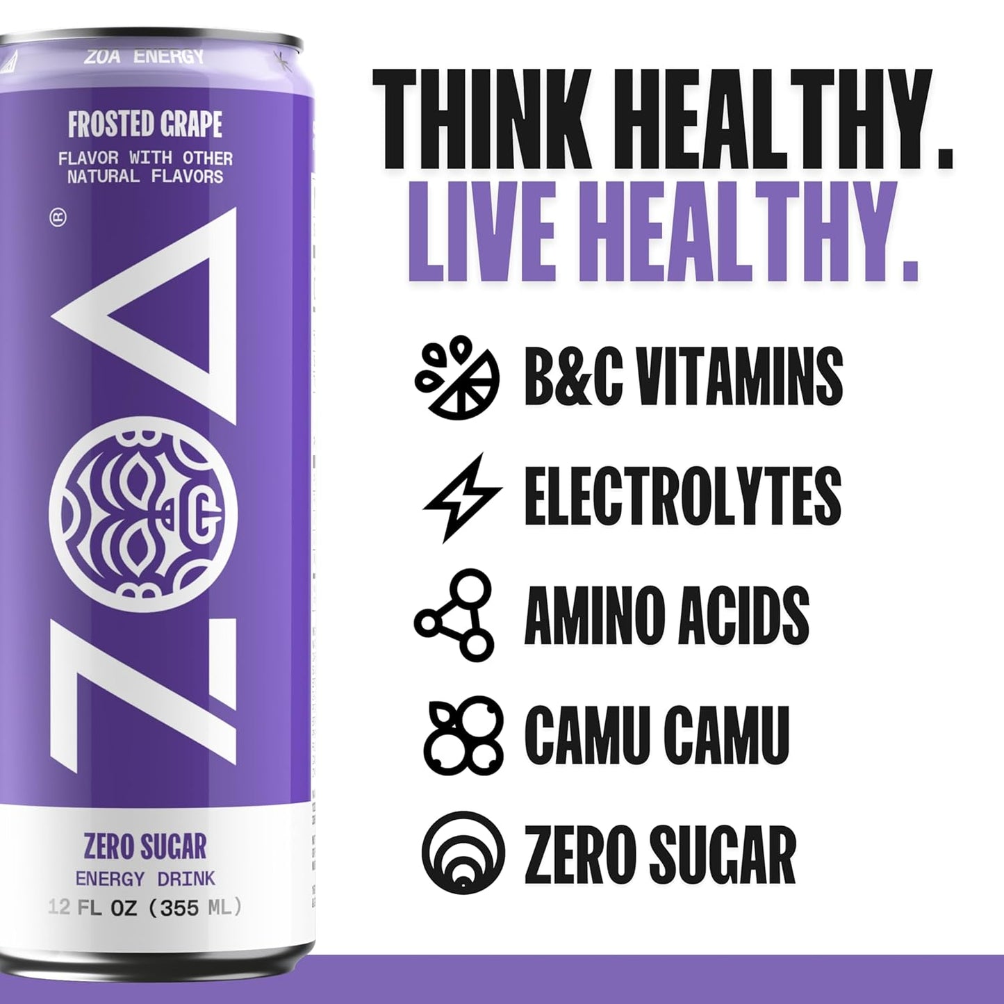 ZOA Zero Sugar Energy Drinks, Frosted Grape - Sugar Free with Electrolytes, Healthy Vitamin C, Amino Acids, Essential B-Vitamins, and Caffeine from Green Tea - 12 Fl Oz (12-Pack)