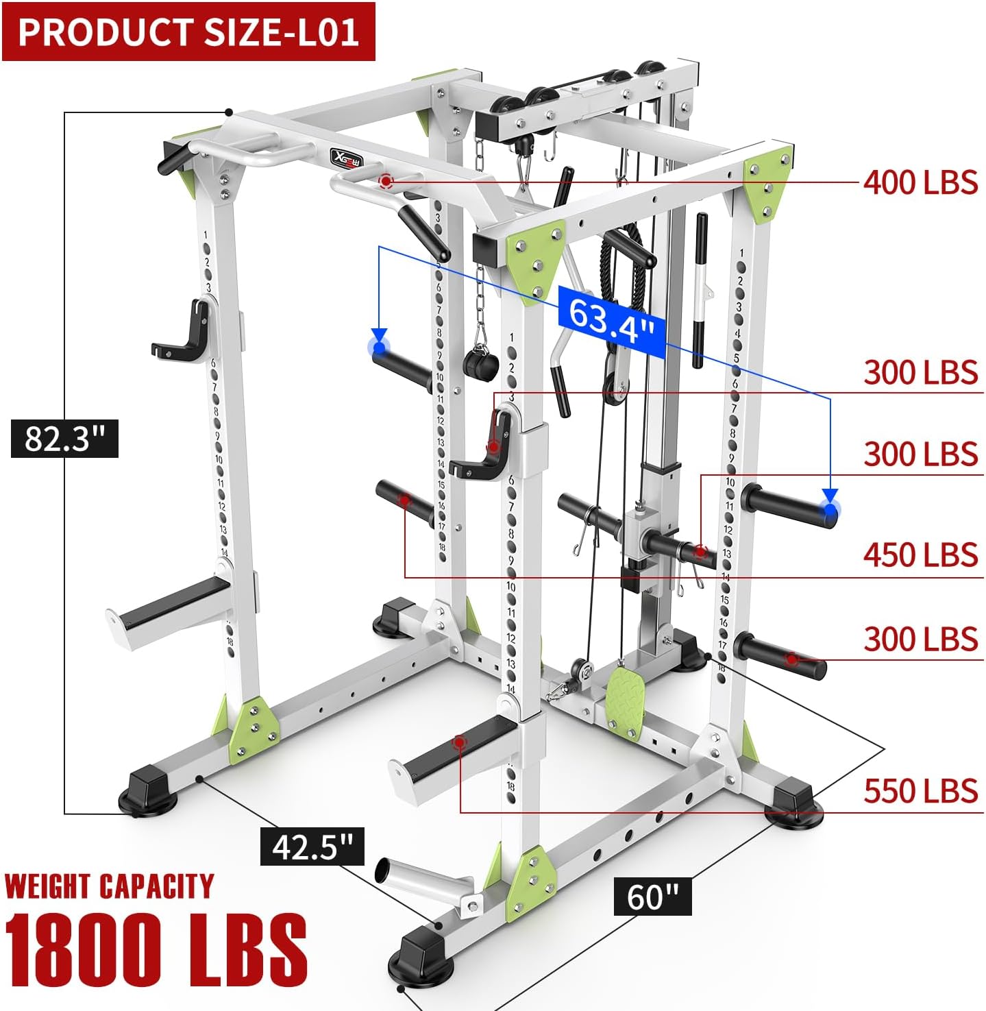 Power Cage Multi-Function Power Rack with Cable Crossover System,1800 LBS Capacity Squat Rack with Weight Bench,for Home Gym