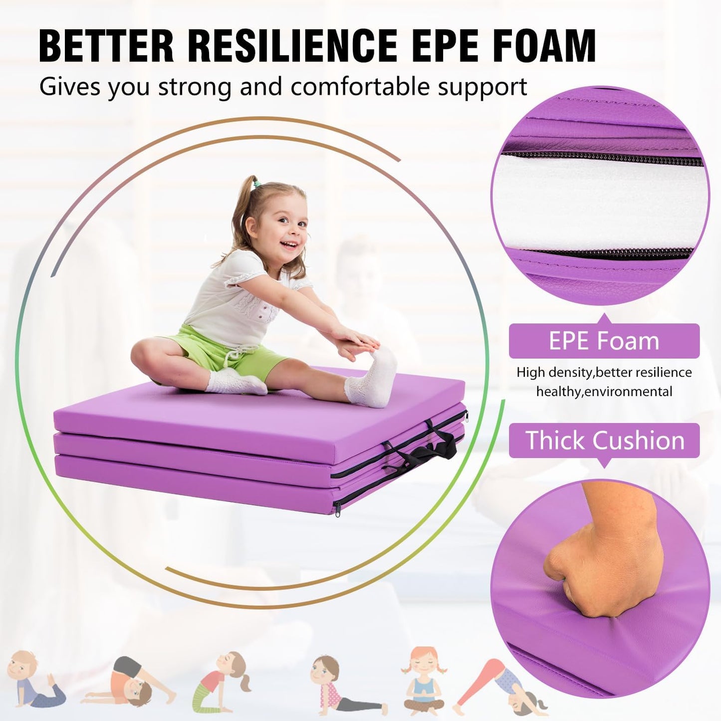 Gymnastics Tumbling Mats Portable Gymnastics Mat Foldable Tumbling Mat 2'x6'/4'x8' PU Leather Exercise Mat Yoga Mat with Carrying Handles for home Workout outdoor Yoga Gymnastics