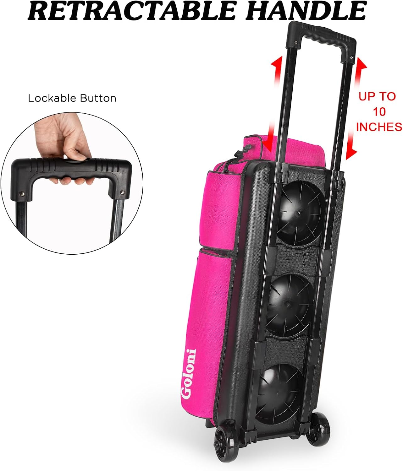 Goloni 3 Ball Bowling Bags with Wheels - Rolling Bowling Bag for 3 Balls & Accessories - Retractable Handle Extends to 38
