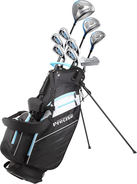 Precise AMG Right-Handed Complete Golf Clubs Set for Petite & Regular Height Women: 460cc Driver, 21° Hybrid, 3 Wood, 6-PW Stainless Irons, Putter, Stand Bag, 3 H/C's | Choose Your Color & Size