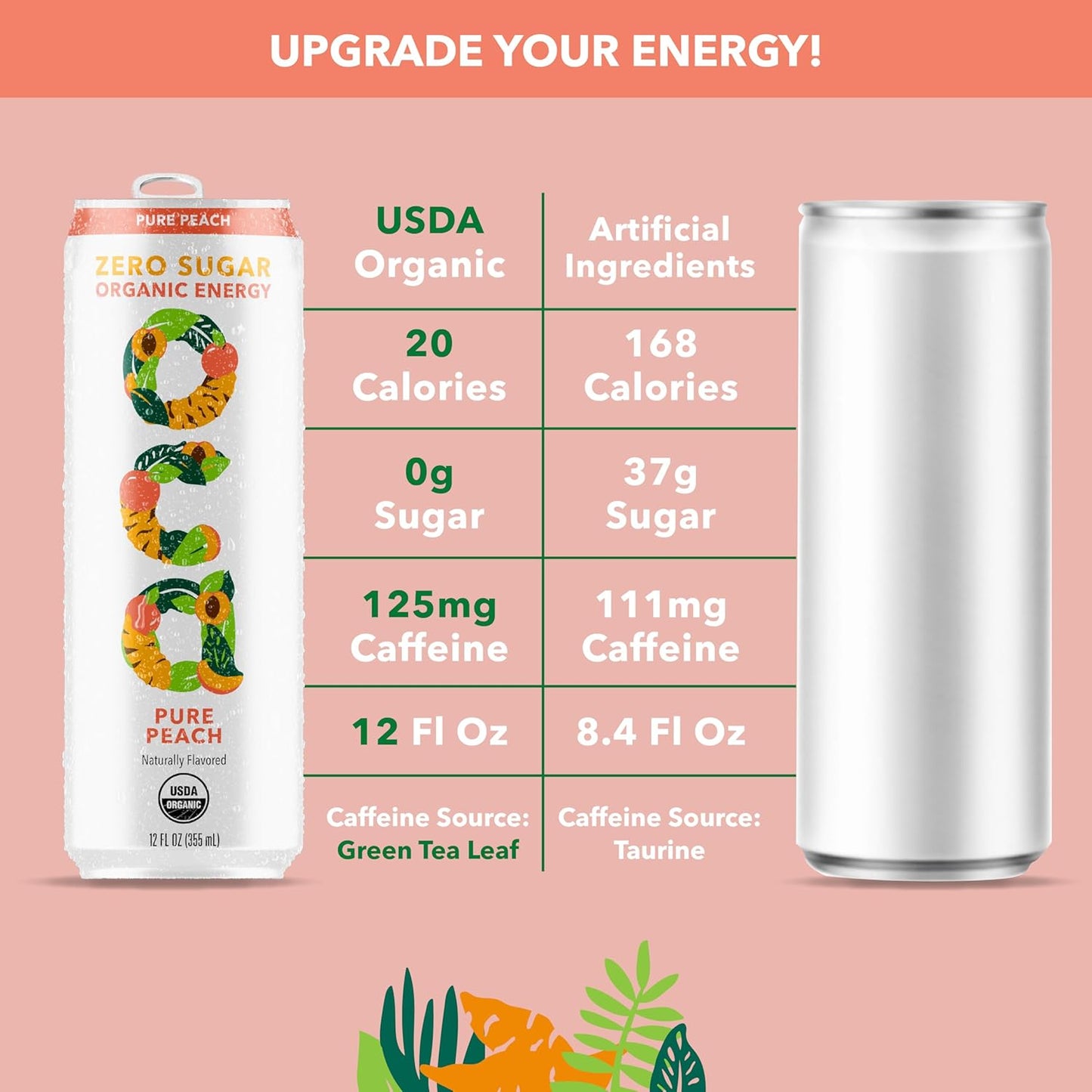 OCA ZERO Pure Peach, Organic energy drink, zero sugar, gluten-free, vegan plant-based, 12 Fl Oz (12-pack)