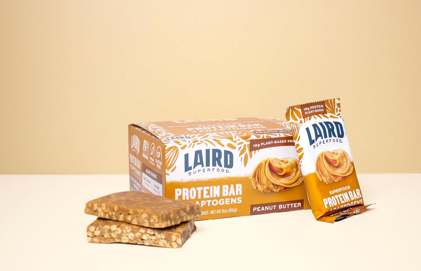 Laird Superfood Functional Protein Bars – Protein Bar but Better with Real Ingredients, Functional Mushrooms 10g Plant-Based Protein, 6g Fiber - Non-GMO - Peanut Butter, 10 Count (Pack of 1)