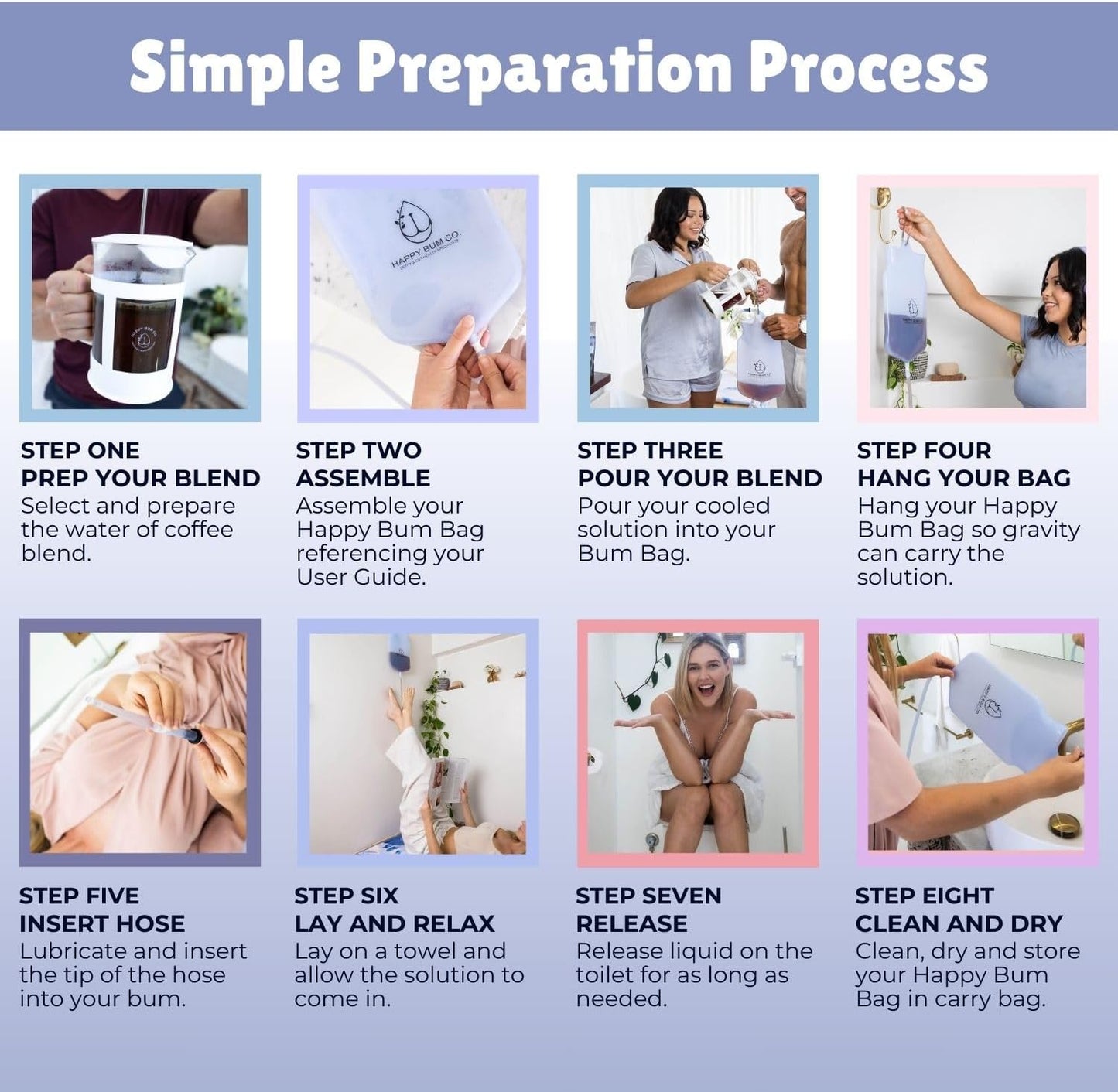 Happy Bum Bag Enema Kit | 6.5ft Silicone Hose, 2L Non-Toxic Silicone Enema Bag with 3 Replacement Tips | Reusable Coffee Enema Kit Suitable for Water & Coffee Enemas for Colon Cleanse for Women & Men