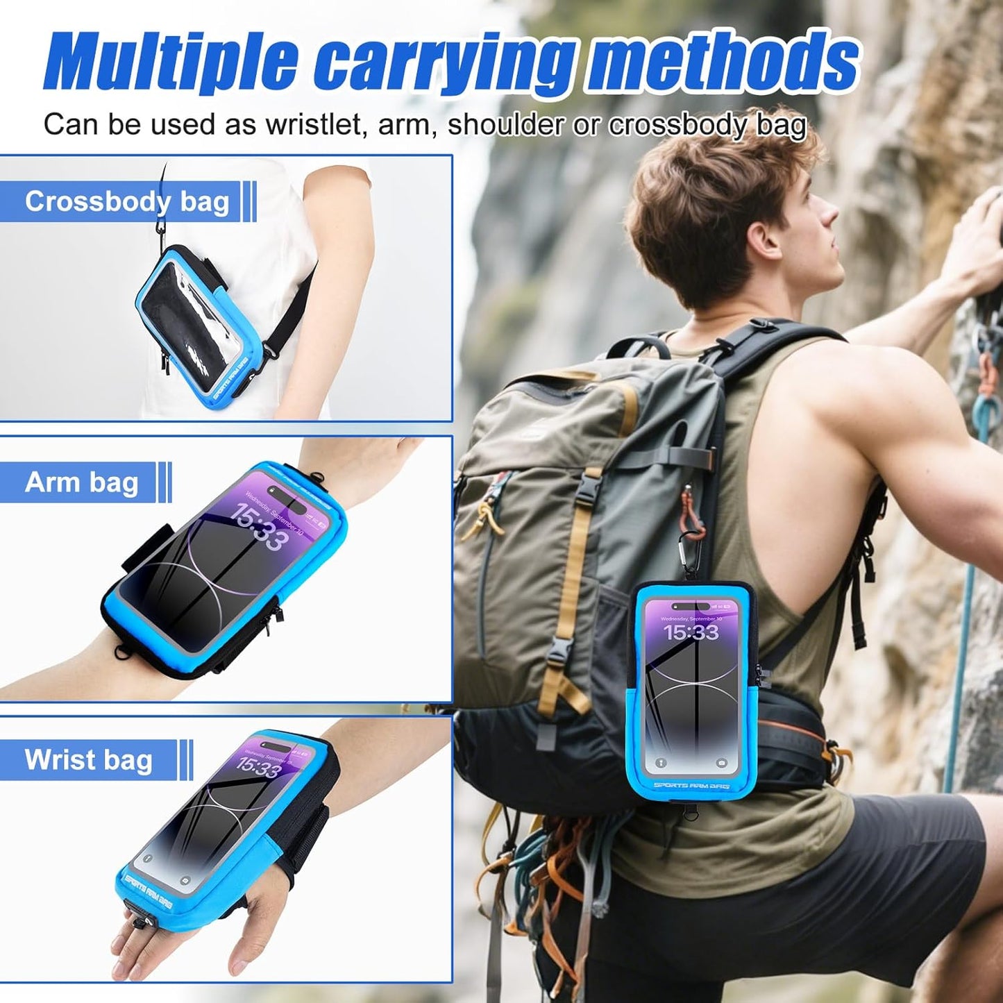 Phone Holder for Running, Running Armband Phone Holder with Carabiner, Phone Armbands for iPhone 16 15 14 13 12 11Pro Max & Galaxy S25/S24/S23, Cell Phone Armband Up to 6.8'' Phone (Blue)