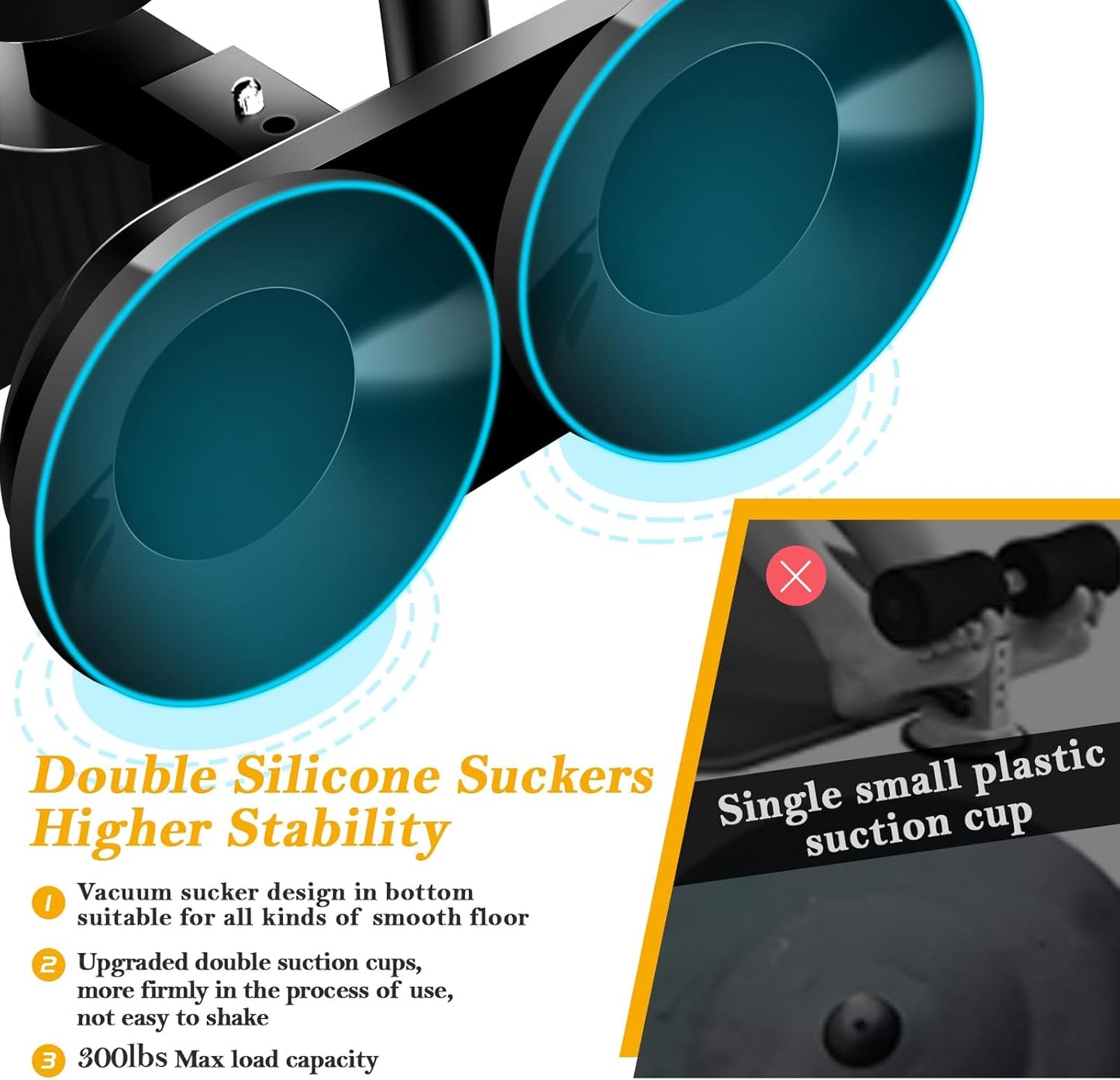 Sit Up Bar Floor, Portable Sit Up Exercise Equipment with 2 Strong Suction Cups and Adjustable Foot Holder, Abs Master Assistant Device for Home Workout with Massage Roller