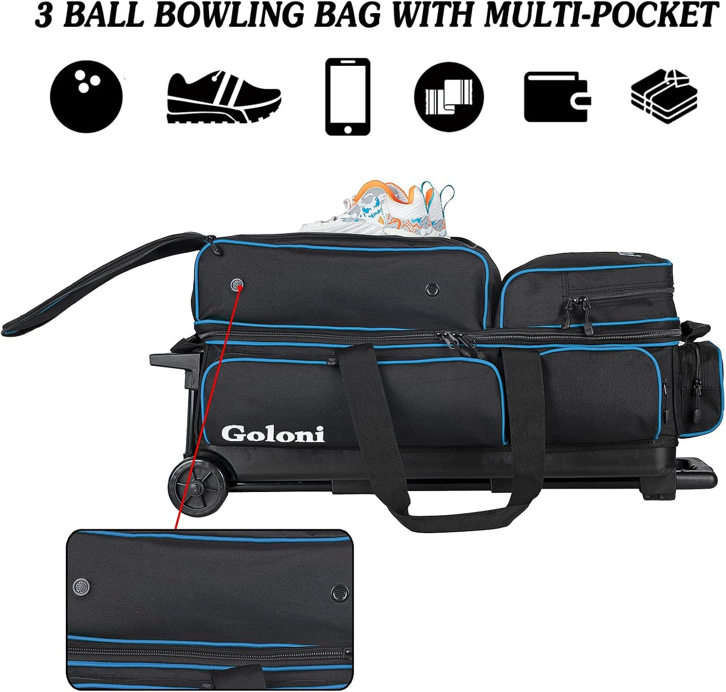 Goloni 3 Ball Bowling Bags with Wheels - Rolling Bowling Bag for 3 Balls & Accessories - Retractable Handle Extends to 38