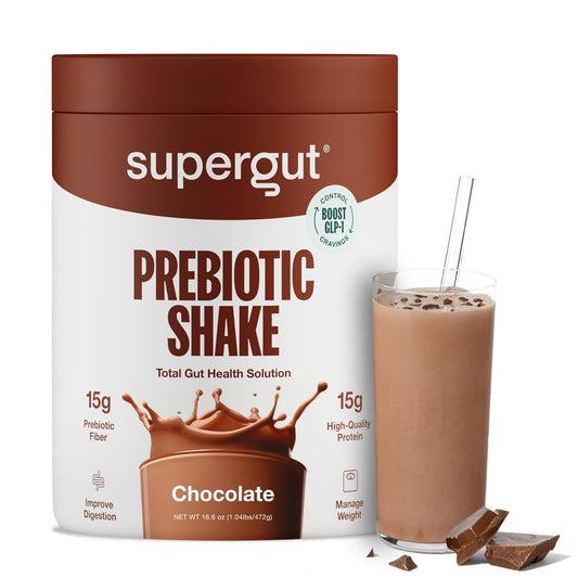 Supergut GLP-1 Boosting Prebiotic Shakes, Chocolate – Gut Healthy Meal Replacement with 15g Fiber, 15g Protein & 5g Net Carbs - Keto Friendly - 8 Servings