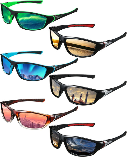 Frienda 6 Pack Polarized Sport Sunglasses for Men Multipack Fit over Glasses Pack Lot Set Men's Sport Fishing Eyeglasses