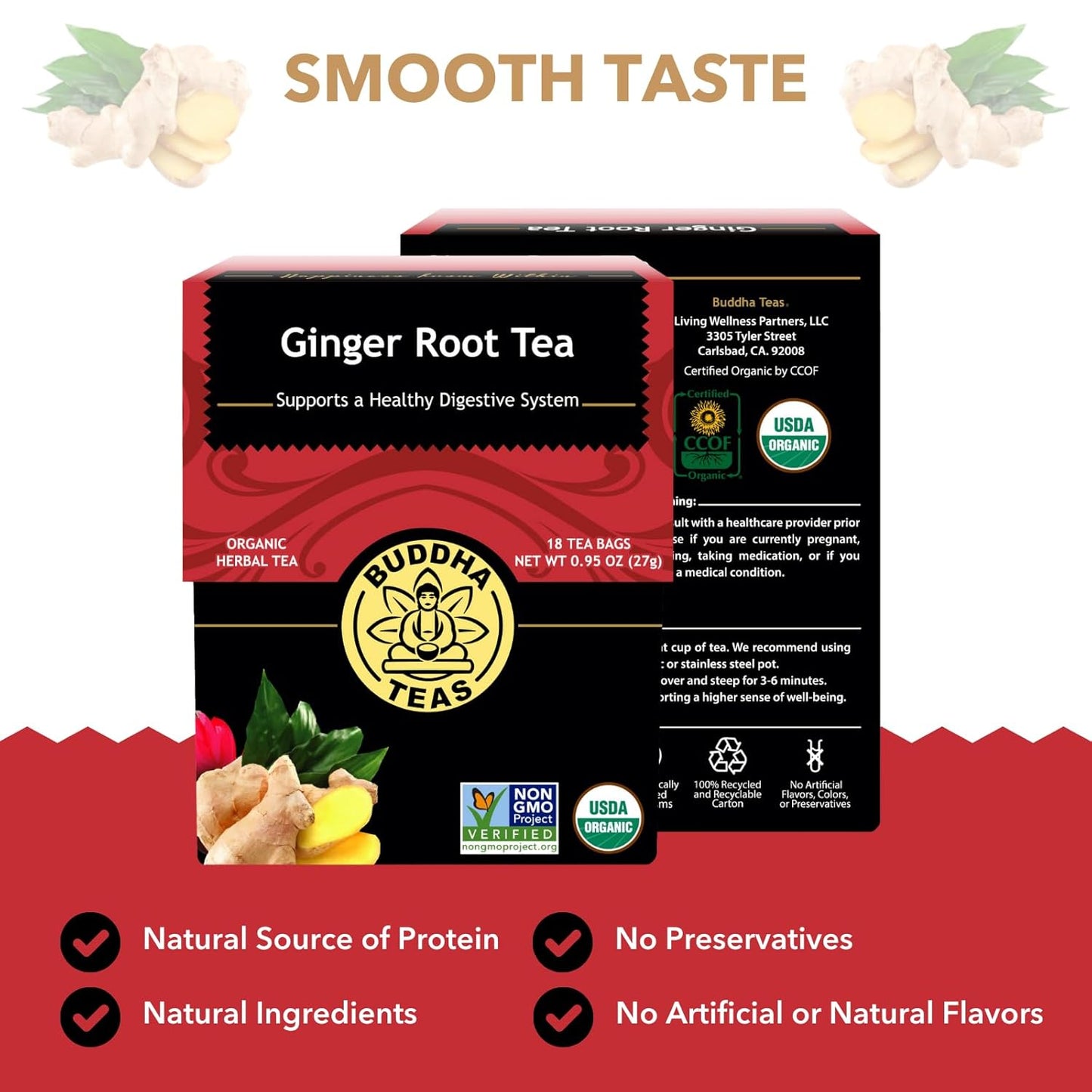 Buddha Teas - Organic Ginger Root Tea - Herbal Tea - For Health & Wellbeing - With Antioxidants & Minerals - Clean Ingredients - Caffeine Free - OU Kosher & Non-GMO - 18 Tea Bags (Pack of 1)