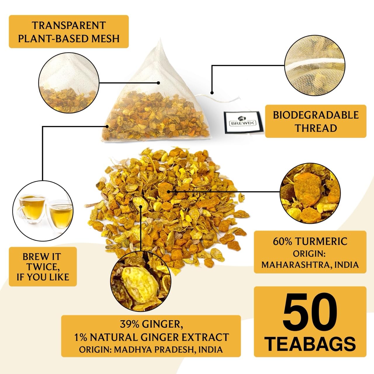 BREWIX, Turmeric Ginger Herbal Tea Bags (50 Pyramid Tea Bags) Caffeine-Free Ayurvedic Blend for Daily Wellness & Immune Balance | Daily Wellness Ritual | Gluten Free | Real Ingredients From India