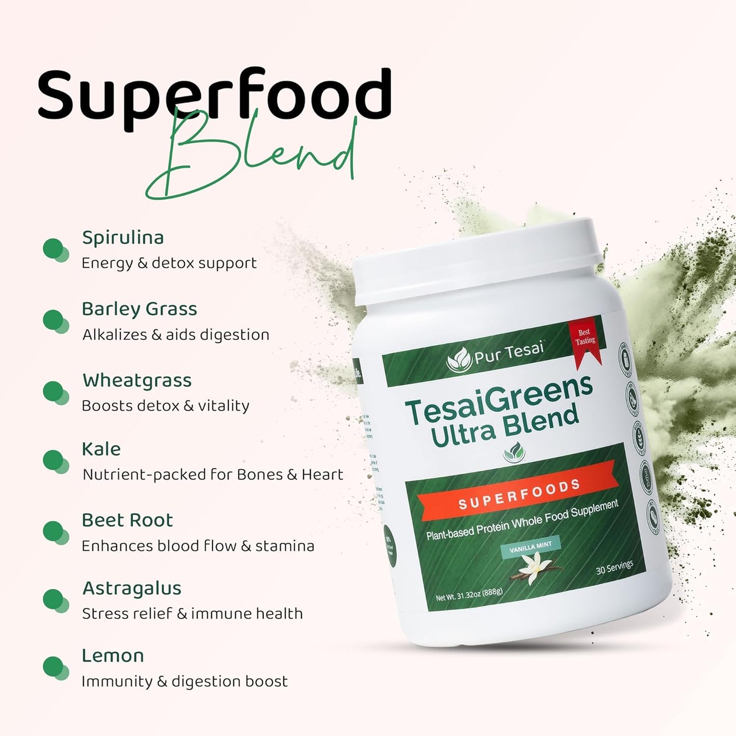 TesaiGreens Ultra Blend Superfood Nutritional Powder, Plant-based, 16g Protein, 7 Billion Probiotics, Vitamins, Mushrooms & Adaptogen, Energy, Immunity & Gut Health Support, Meal Replacement