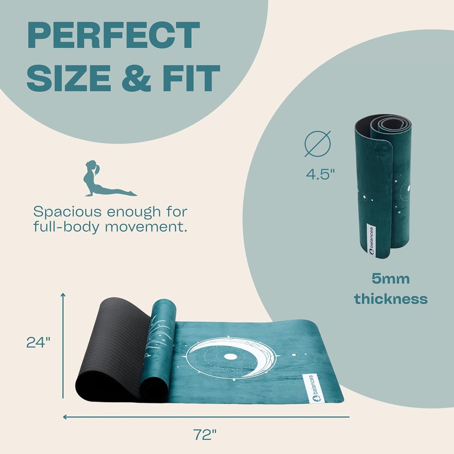 Yoga Mat 5mm Non Slip Suede & TPE - Eco-Friendly Fitness & Exercise Mat for Home Gym, Pilates, Hot Yoga, and Meditation - Lightweight Durable 72 x 24 inch Workout Mat for Women & Men