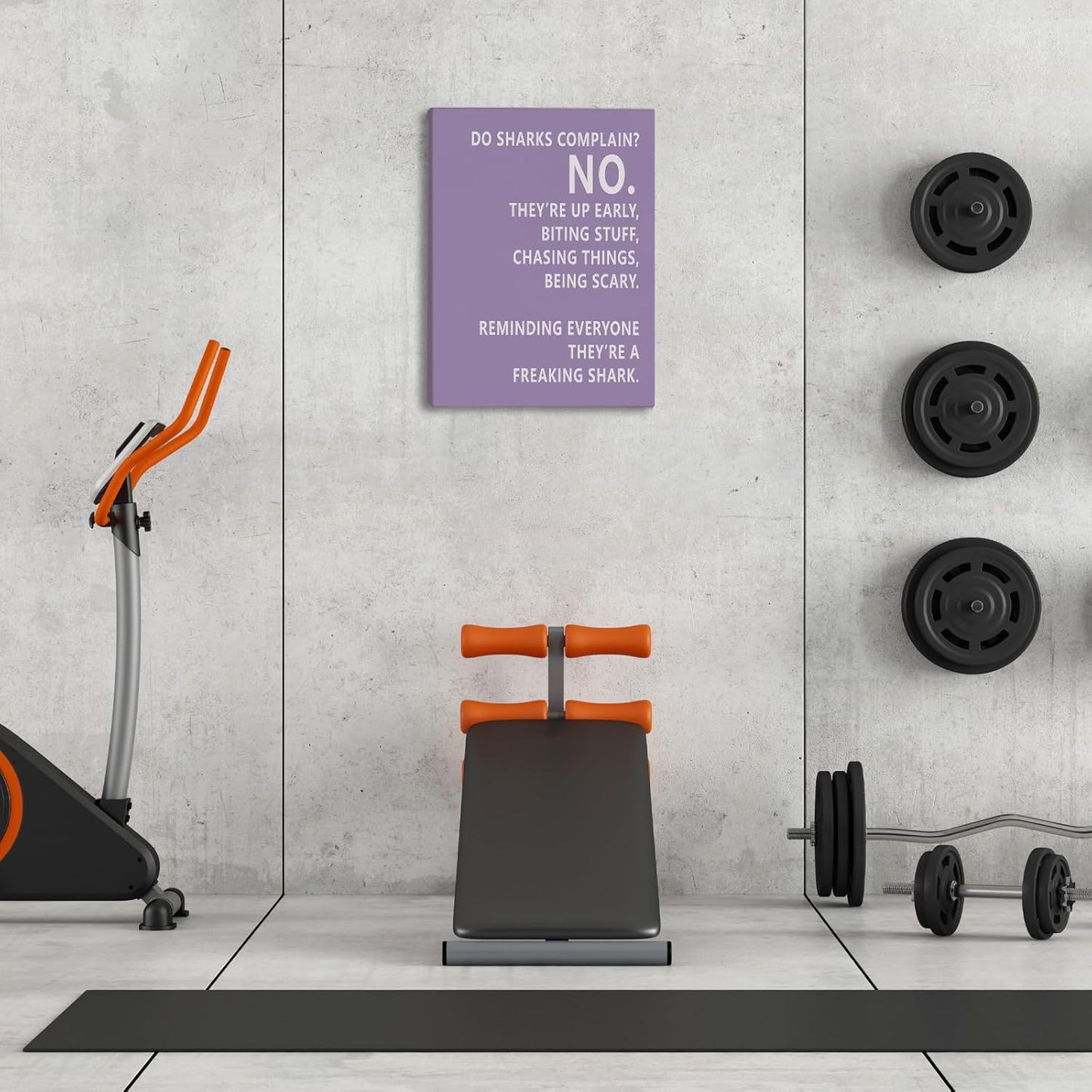 Rusenbao Gym Motivational Workout Wall Art, Home Gym Decor, Inspirational Workout Room Decor, Do Sharks Complain About Monday, Canvas Wall Art for Exercise Fitness Room Office, 11x14 inch(Purple)